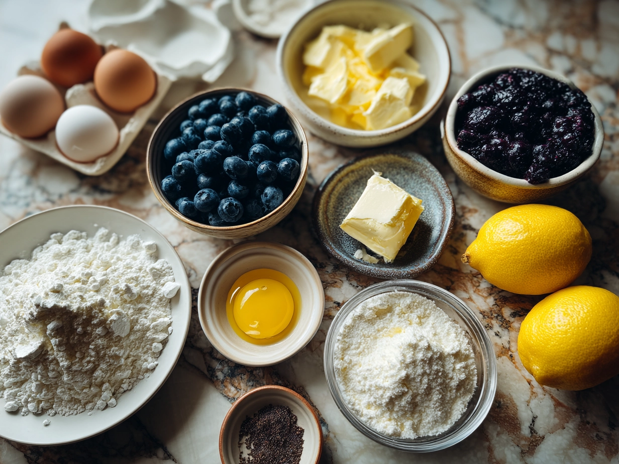 Top down view of raw ingredients for lemon blueberry cheesecake on marble surface
