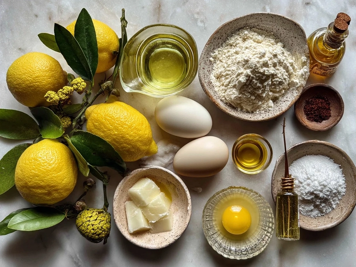 Top-down view of raw ingredients for limoncello recipe on white marble surface