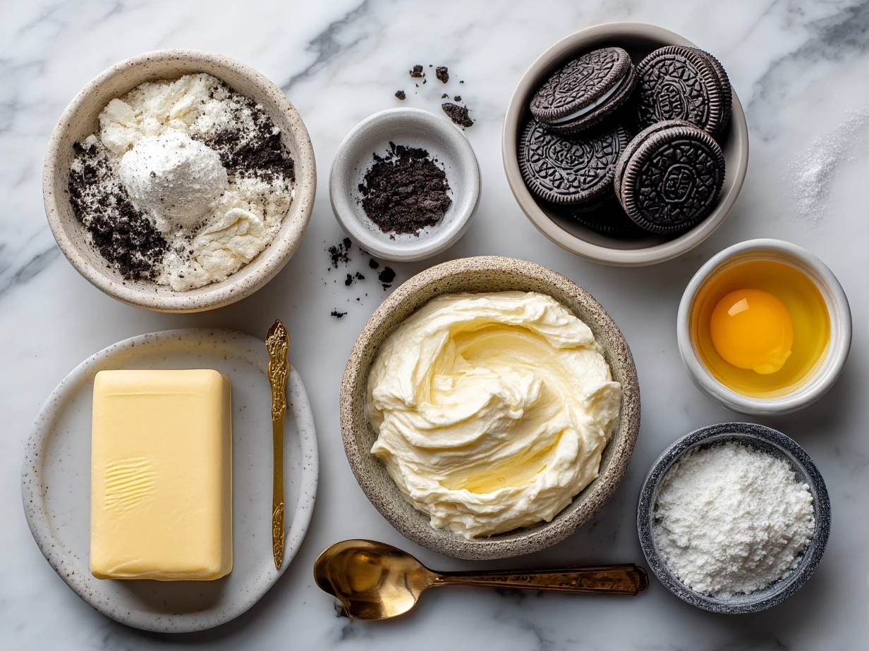 Top down view of raw ingredients for Oreo Cheesecake on marble surface