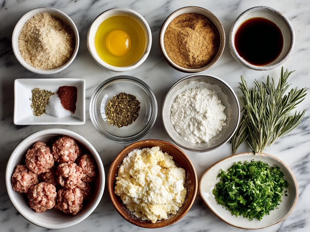 Top down raw ingredients for sausage southern cornbread stuffing on marble