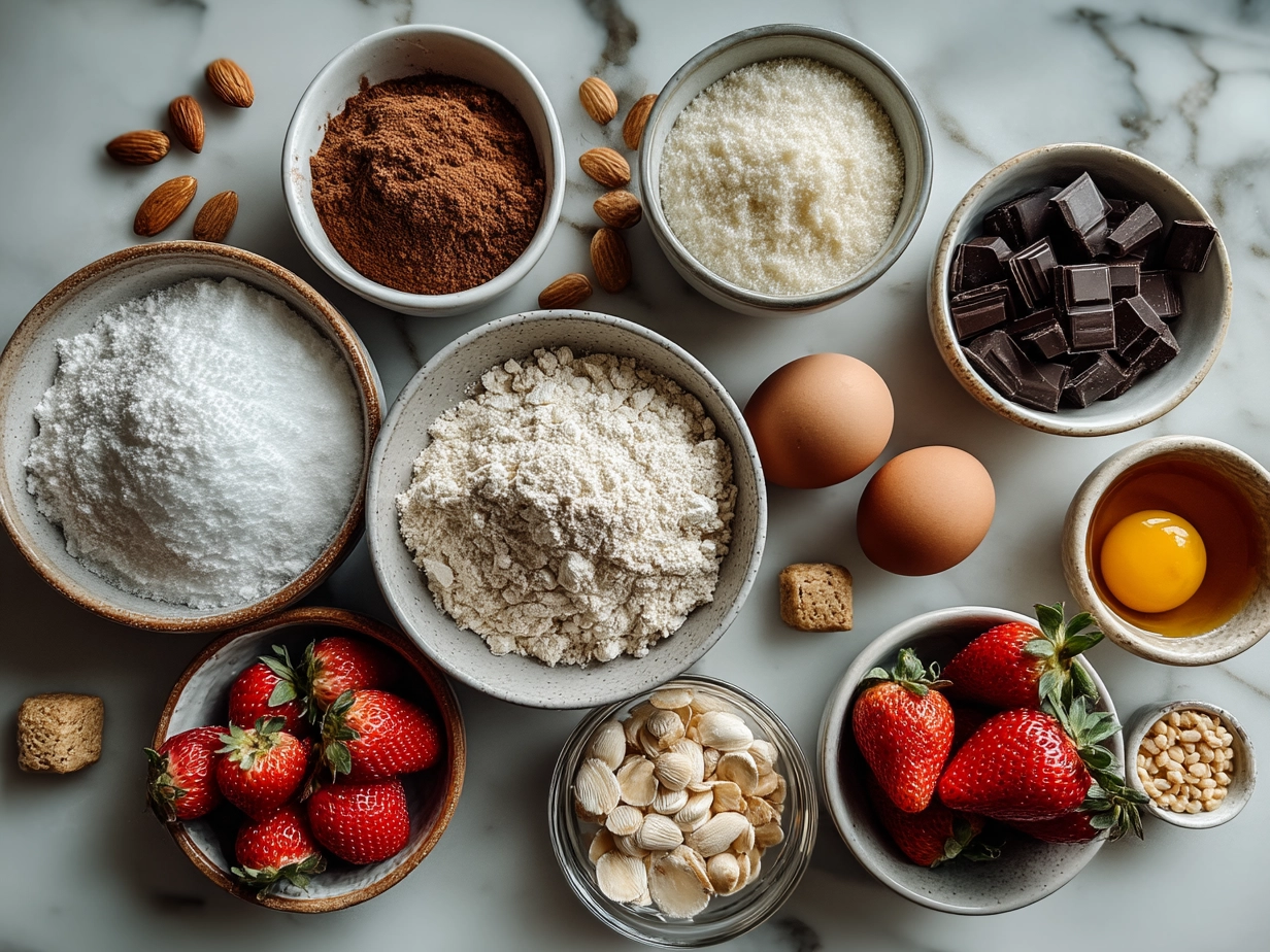 Top-down view of raw ingredients for Strawberry Crunch Cookies on marble surface