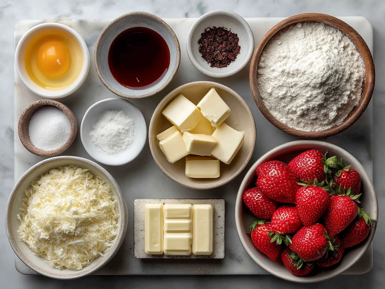 Top-down view of raw ingredients for strawberry white chocolate muffins arranged on a marble surface