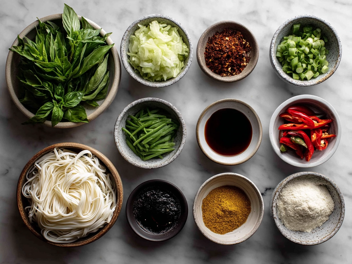 Top down raw ingredients for Thai Drunken Noodles on marble, modern kitchen organized mise en place