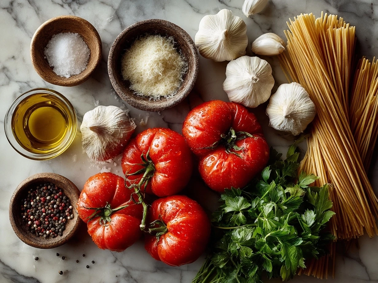 Top down view of raw ingredients for Tomato Garlic Pasta on marble surface