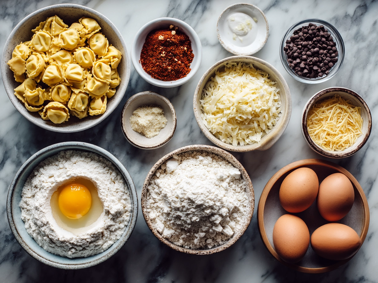 Ingredients for Tortellini Soup arranged on a kitchen counter