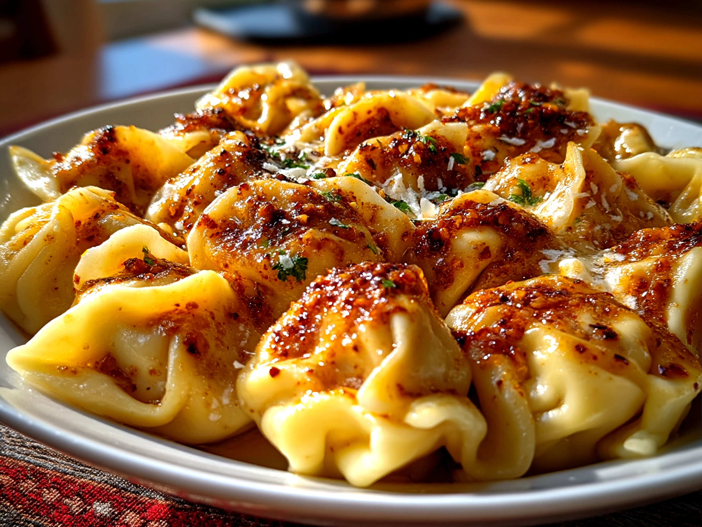 Serving plate of Turkish Manti topped with yogurt sauce and paprika butter
