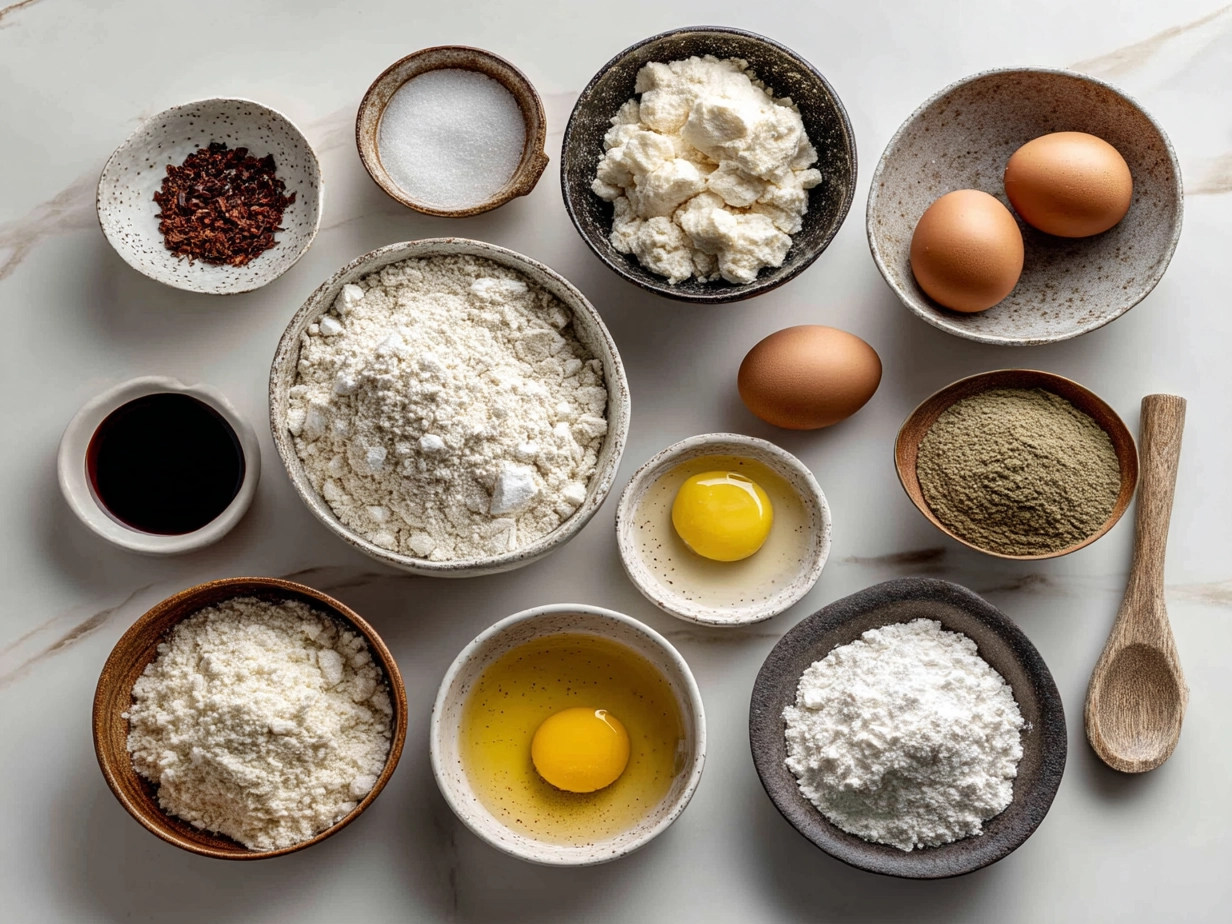 Ingredients for Turkish Manti laid out on table including flour, spices, ground meat, yogurt, etc.