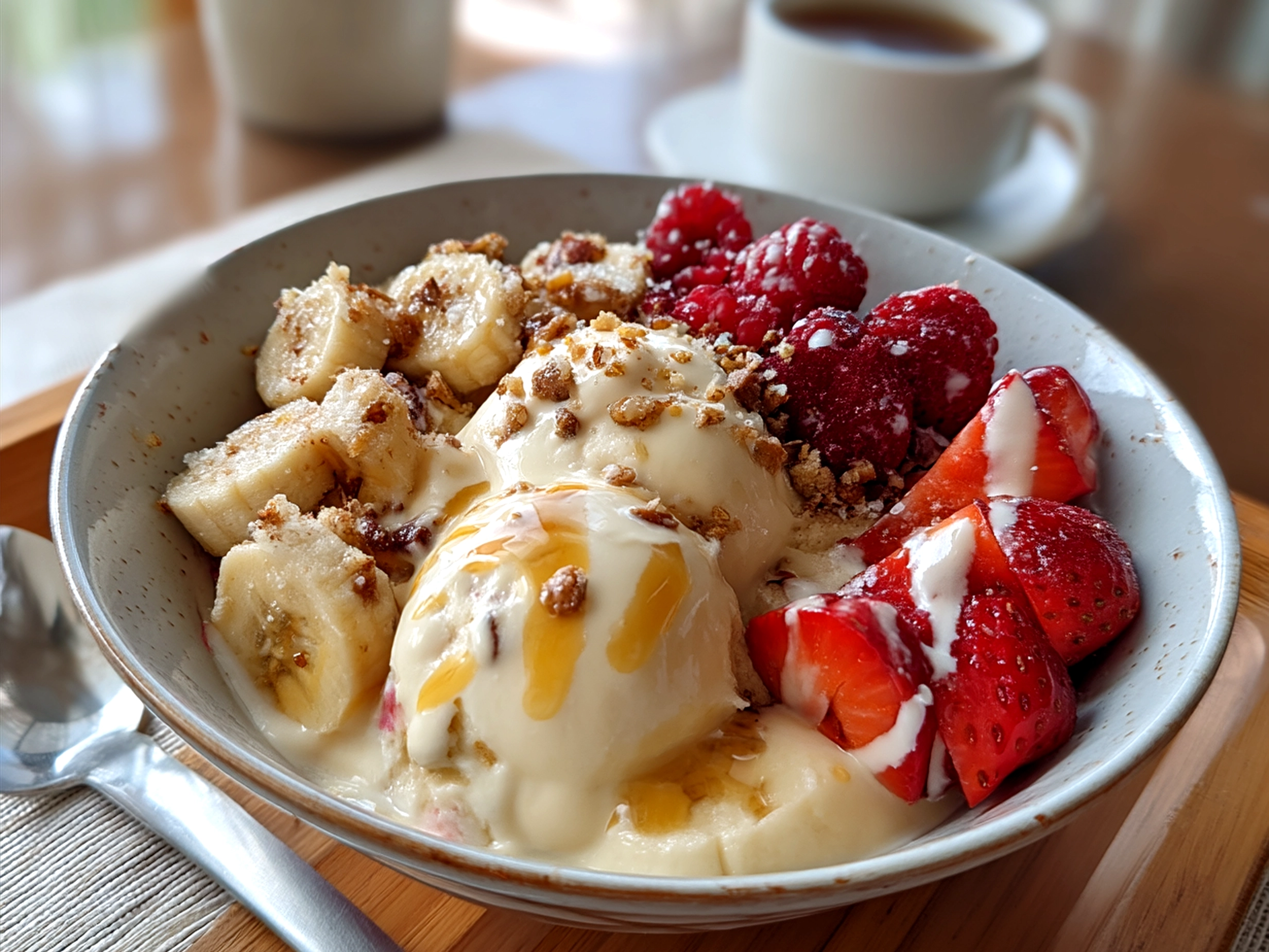 Served Valentine Breakfast Nice Cream Bowl with fresh strawberries and toppings