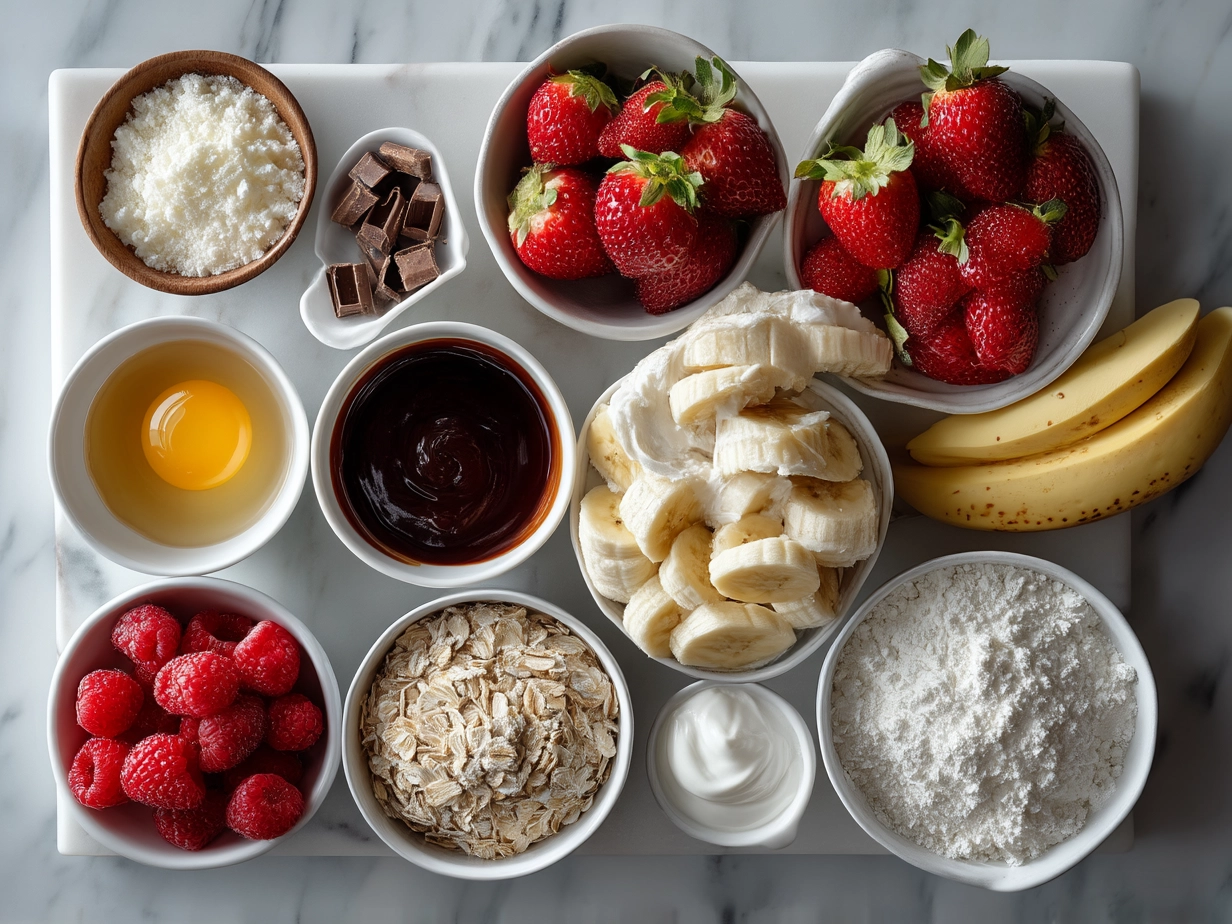 Ingredients for Valentine Breakfast Nice Cream Bowl: frozen bananas, frozen strawberries, vanilla, nut butter, and toppings