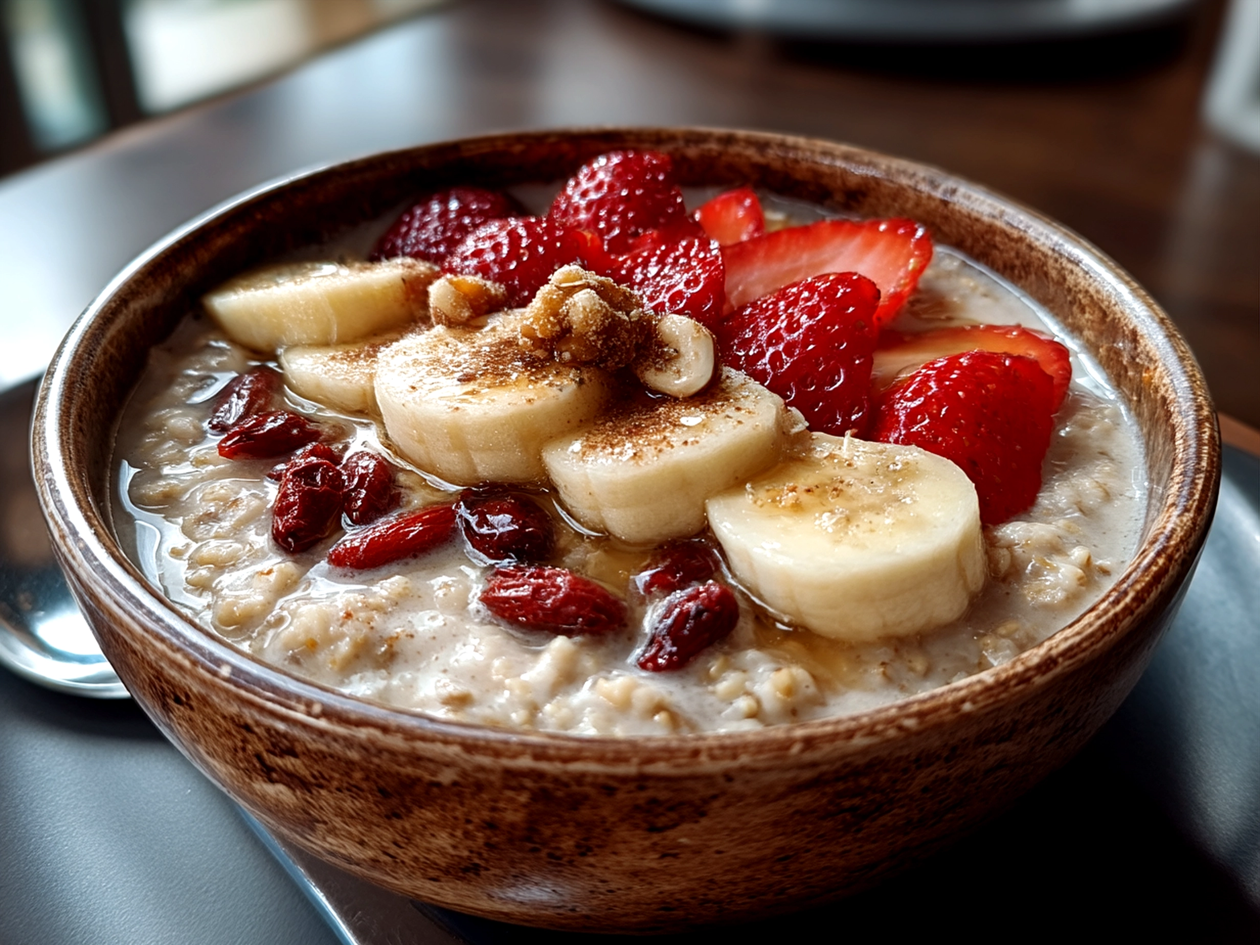 Serving Valentine Cookies Oatmeal Bowl with berries and heart-shaped cookie crumbles