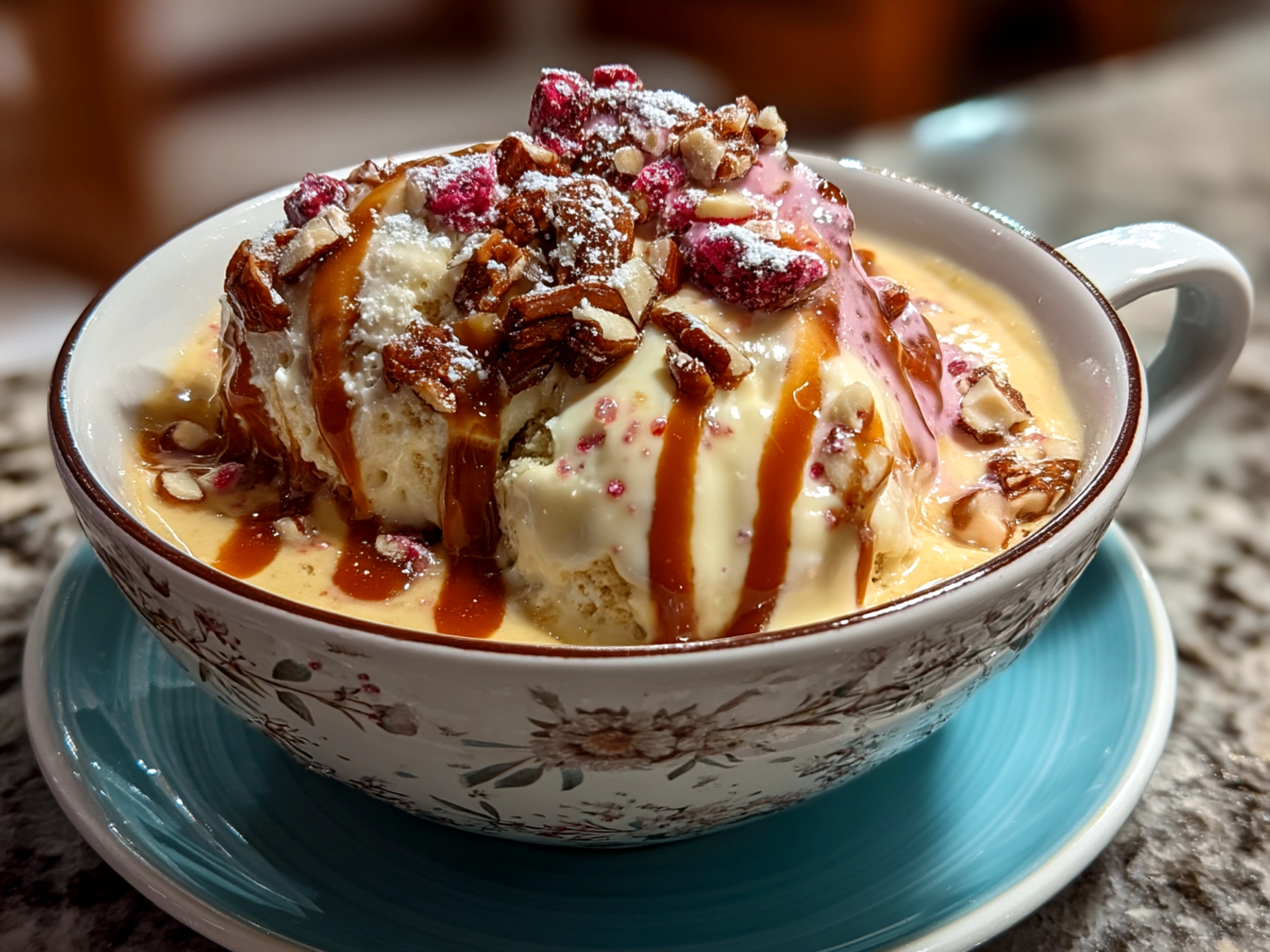 Final Valentines Cakes Nice Cream Bowl served in a glass bowl, garnished with fresh strawberries and nuts
