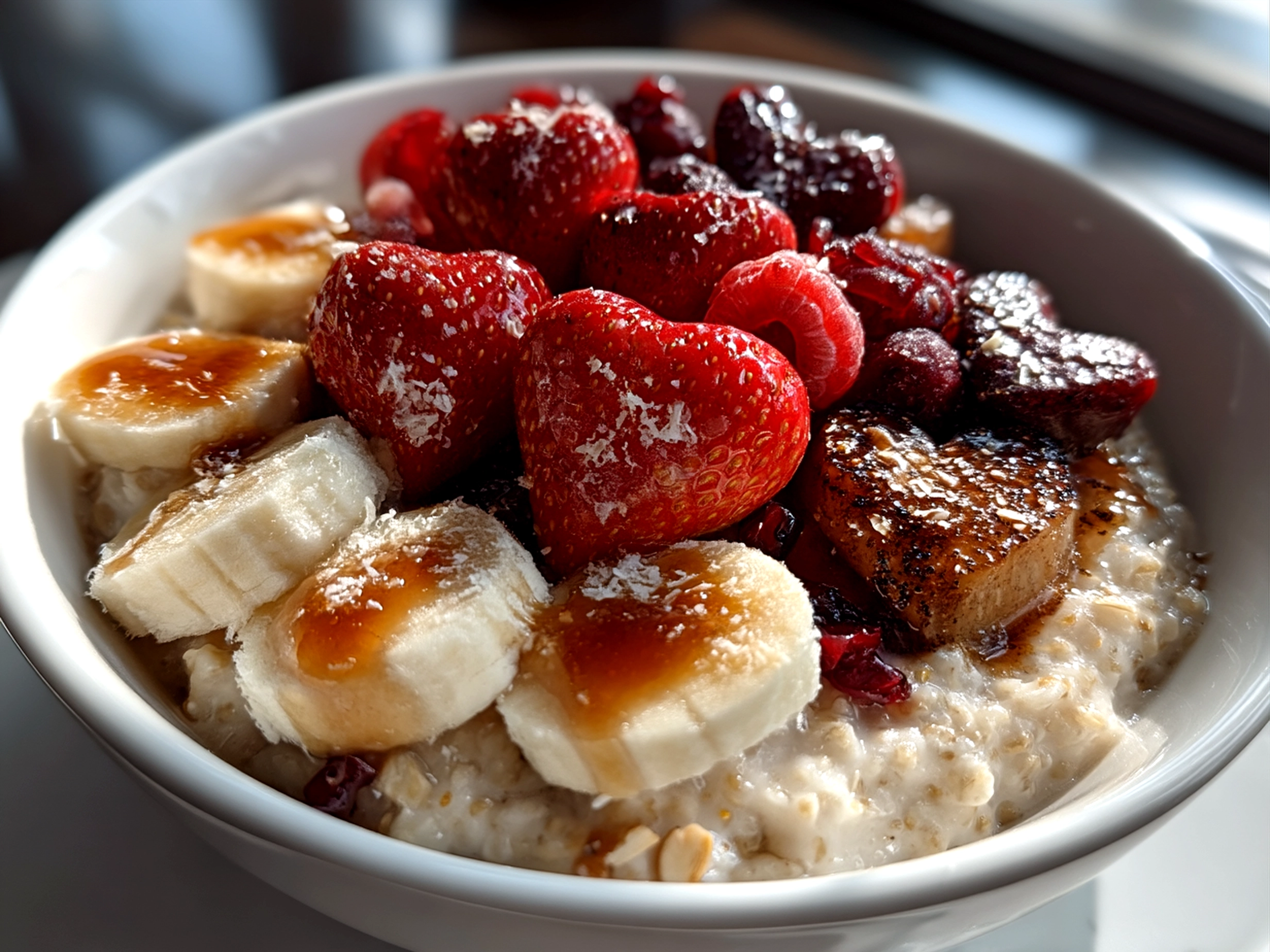 Finished Valentines Oatmeal Bowl decorated with heart-shaped oatmeal and mixed berries in a festive red breakfast bowl
