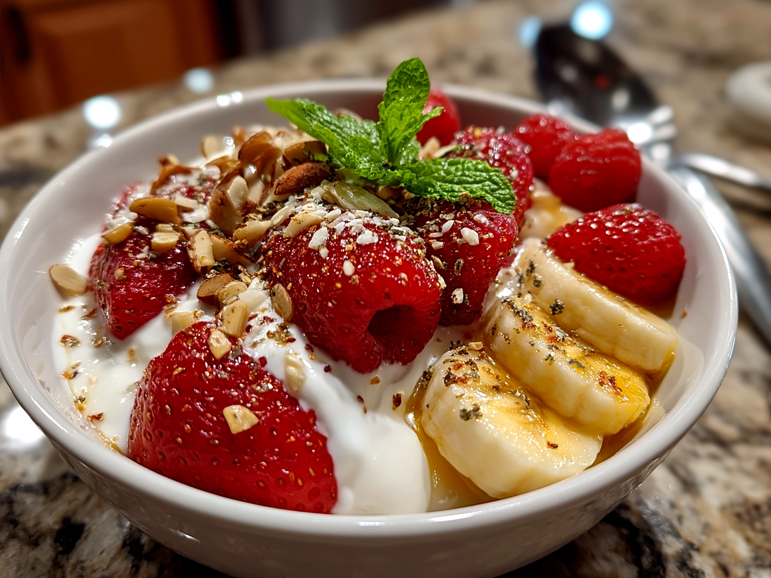 Served Valentine Treats Greek Yogurt Bowl with heart-shaped strawberry toppings and granola