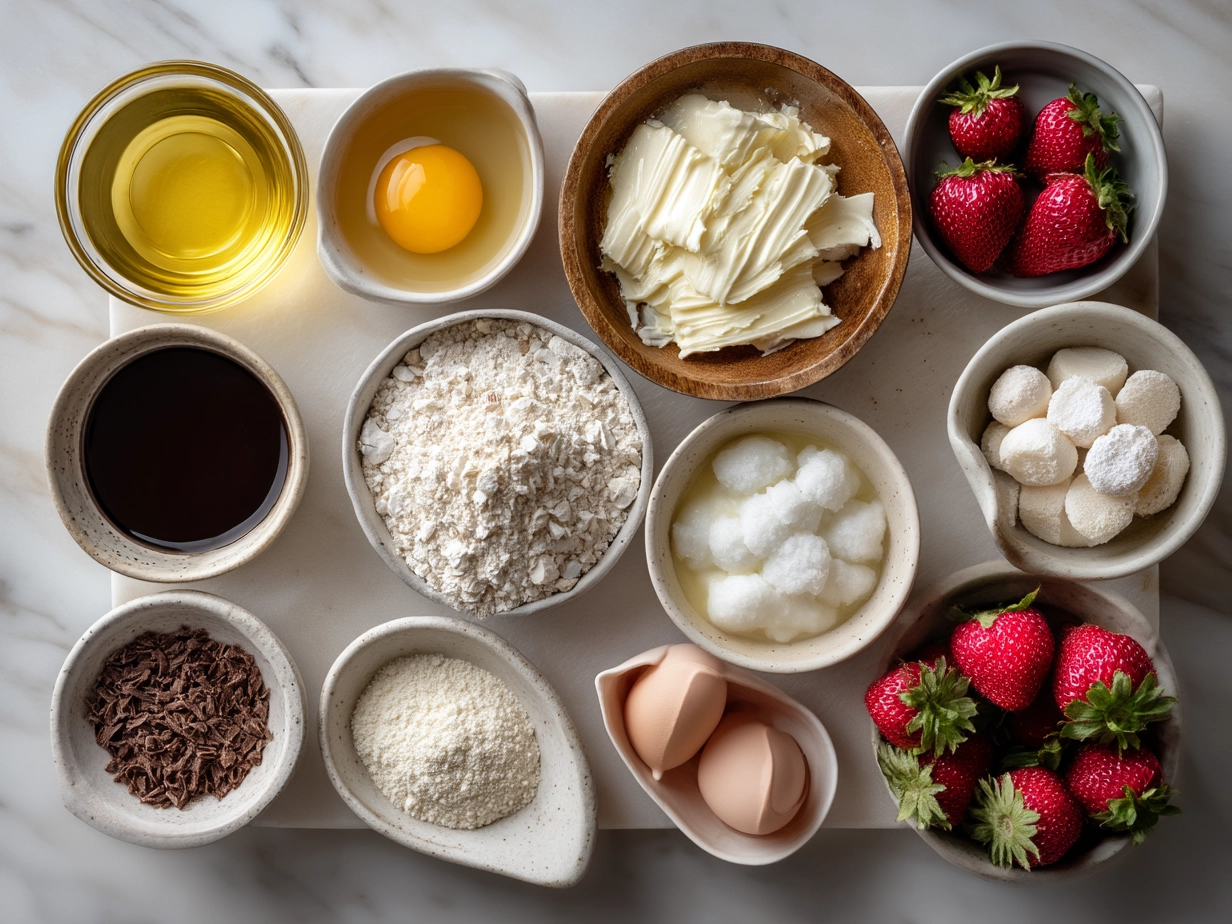 Ingredients for Valentine Treats Greek Yogurt Bowl including Greek yogurt, strawberries, raspberries, honey, granola, and seeds
