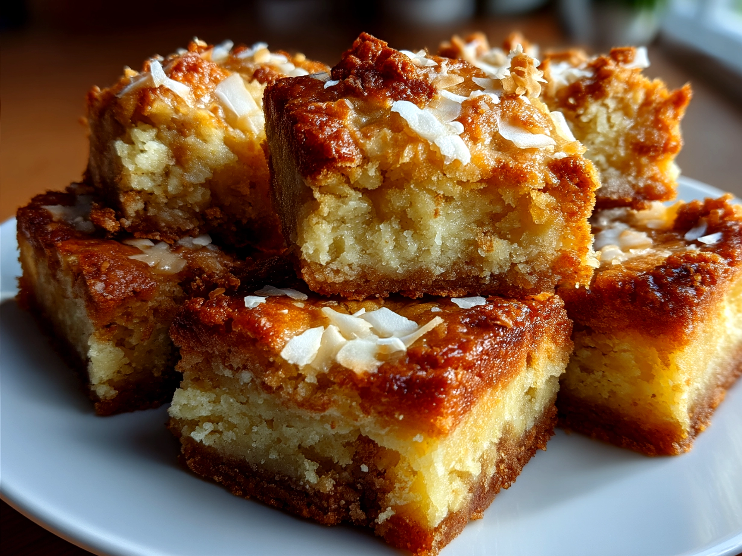 Plated White Chocolate Coconut Blondies served with toasted coconut flakes on top