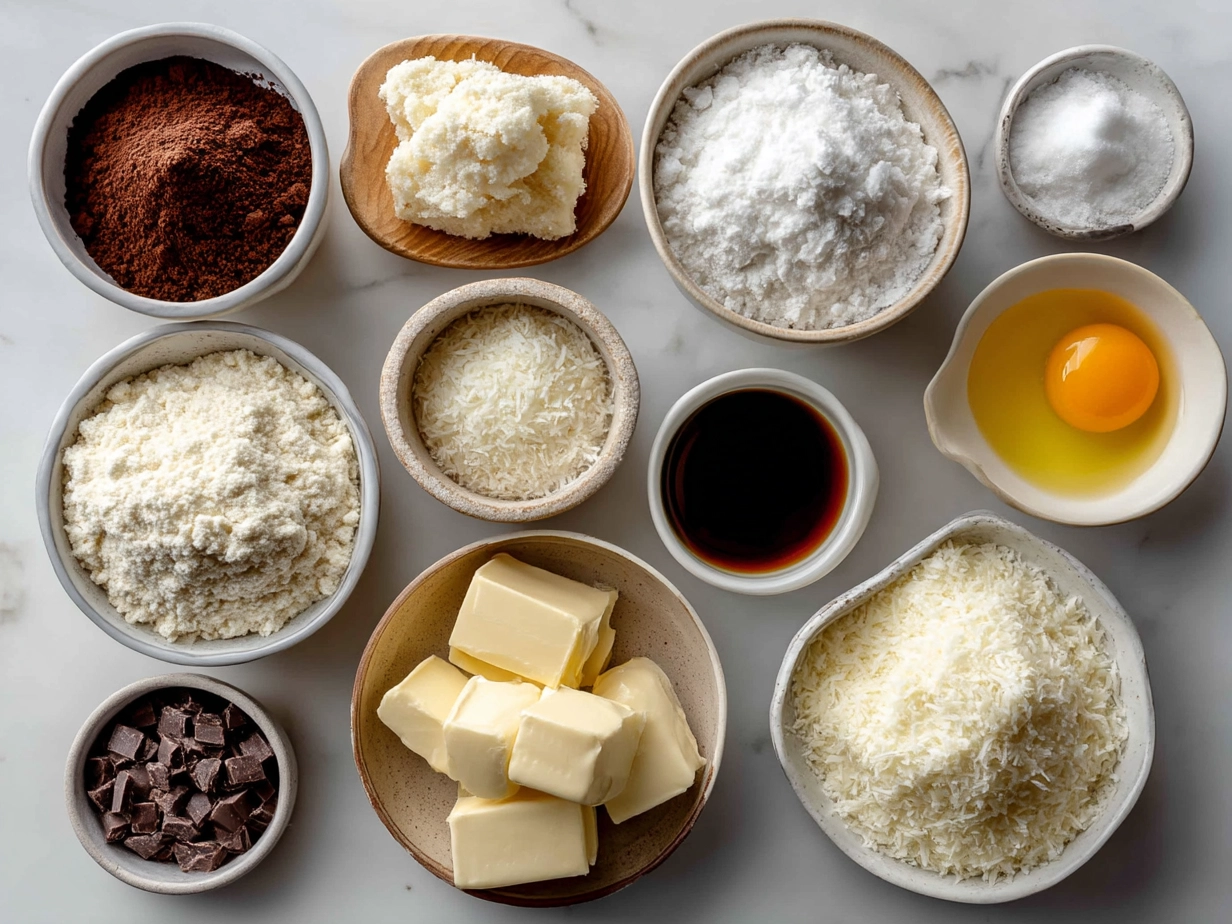 Ingredients to make White Chocolate Coconut Blondies including white chocolate chips, coconut flakes, brown sugar, butter and flour