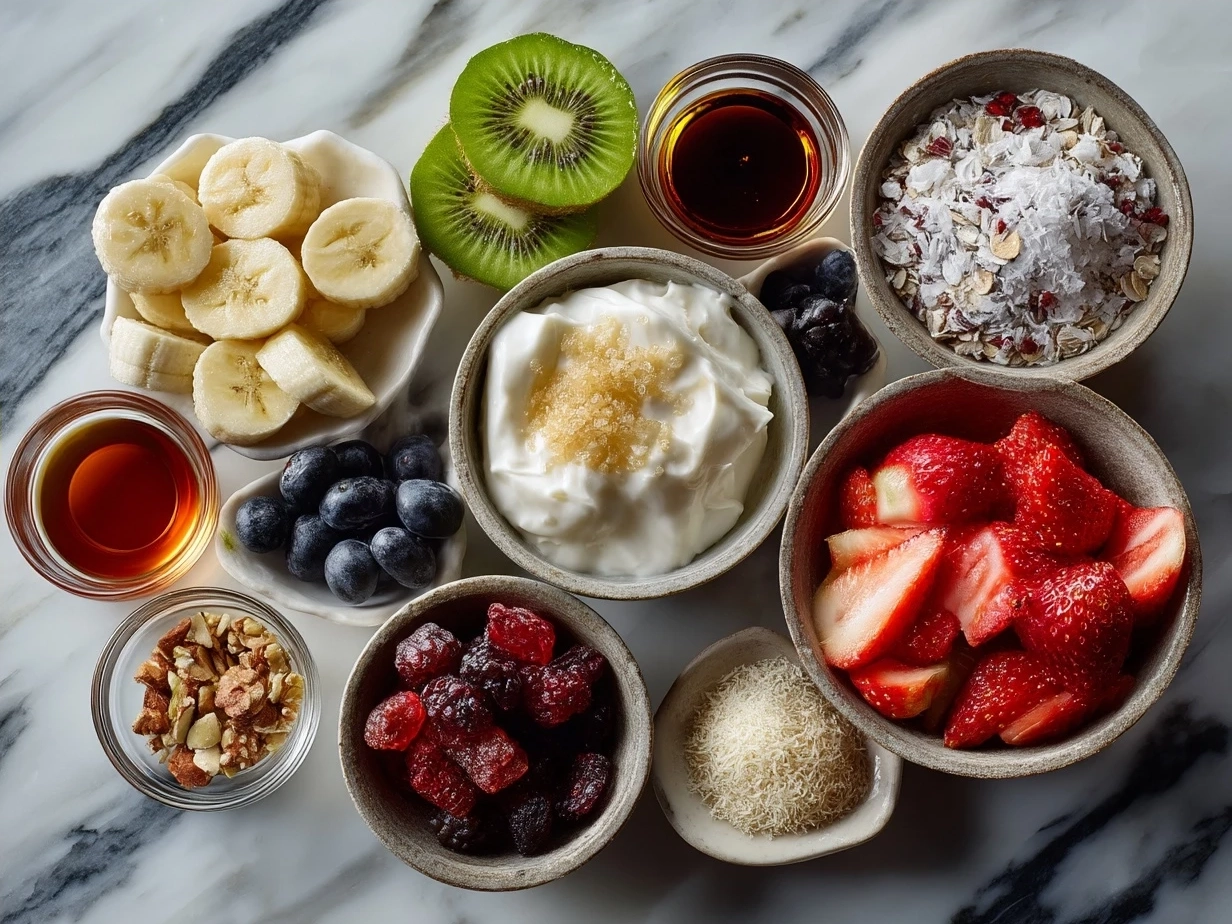 Ingredients for a vibrant winter fruit salad with apples, pears, mandarin oranges, and spices