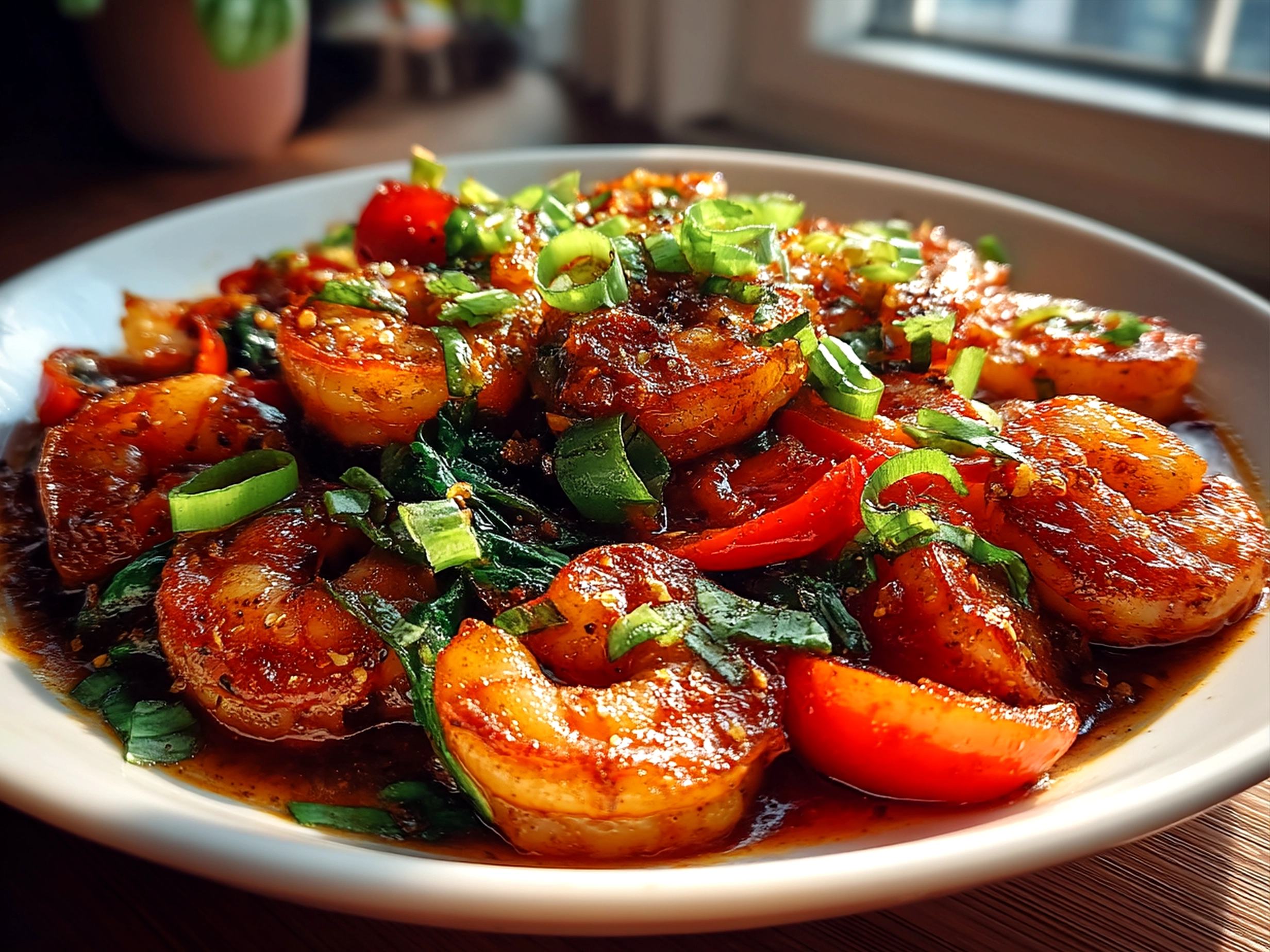 Plate of 15-Minute Honey Garlic Shrimp Stir-Fry garnished with green onions