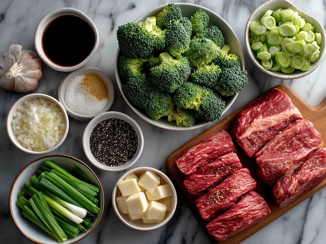 Ingredients for 20-Minute Beef Broccoli laid out on a kitchen counter