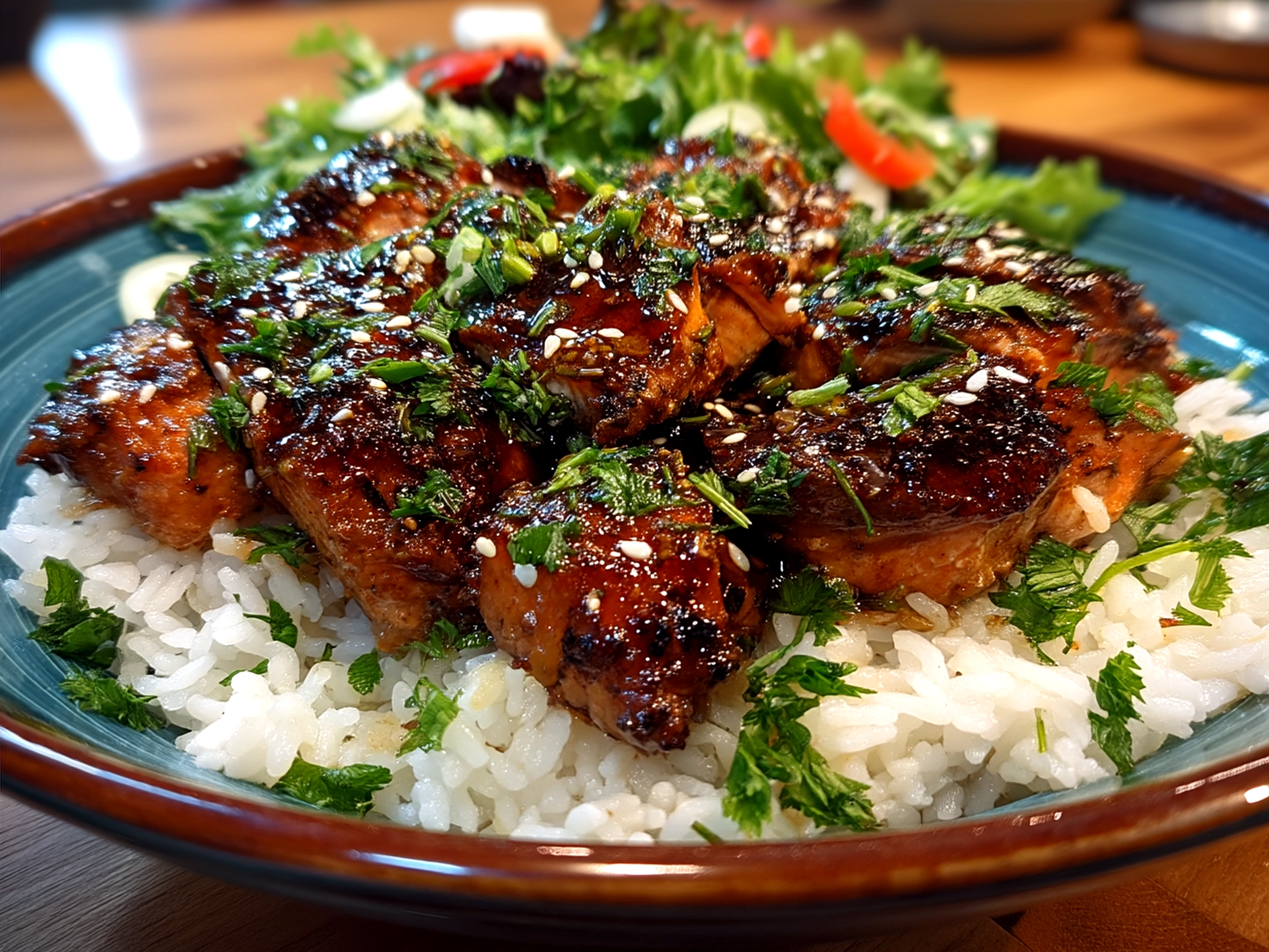 Served 20-Minute Teriyaki Salmon Bowls with glazed salmon, rice, broccoli, carrot julienne, green onions and sesame seeds garnish