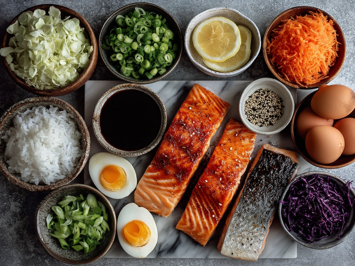 Ingredients for 20-Minute Teriyaki Salmon Bowls including salmon fillets, rice, soy sauce, honey, fresh ginger, garlic, broccoli, and carrots