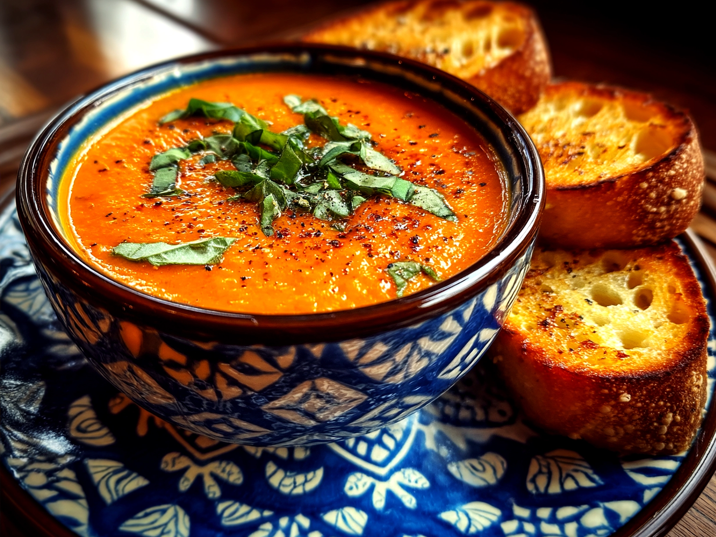 Bowl of creamy tomato basil soup served with grilled cheese sandwich and fresh bread