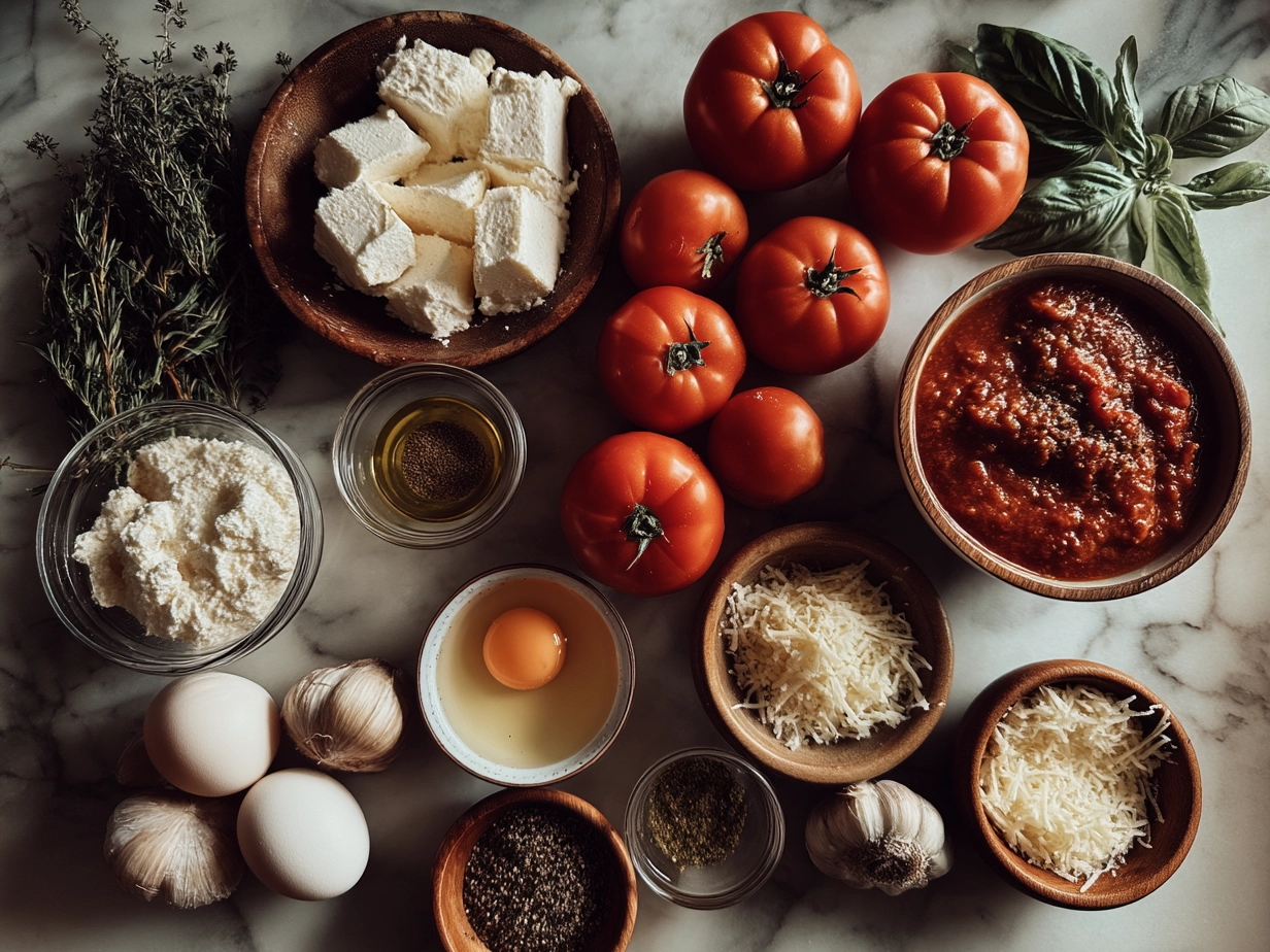 Ingredients for 5-Ingredient Creamy Tomato Basil Soup including olive oil, onion, crushed tomatoes, fresh basil, and heavy cream