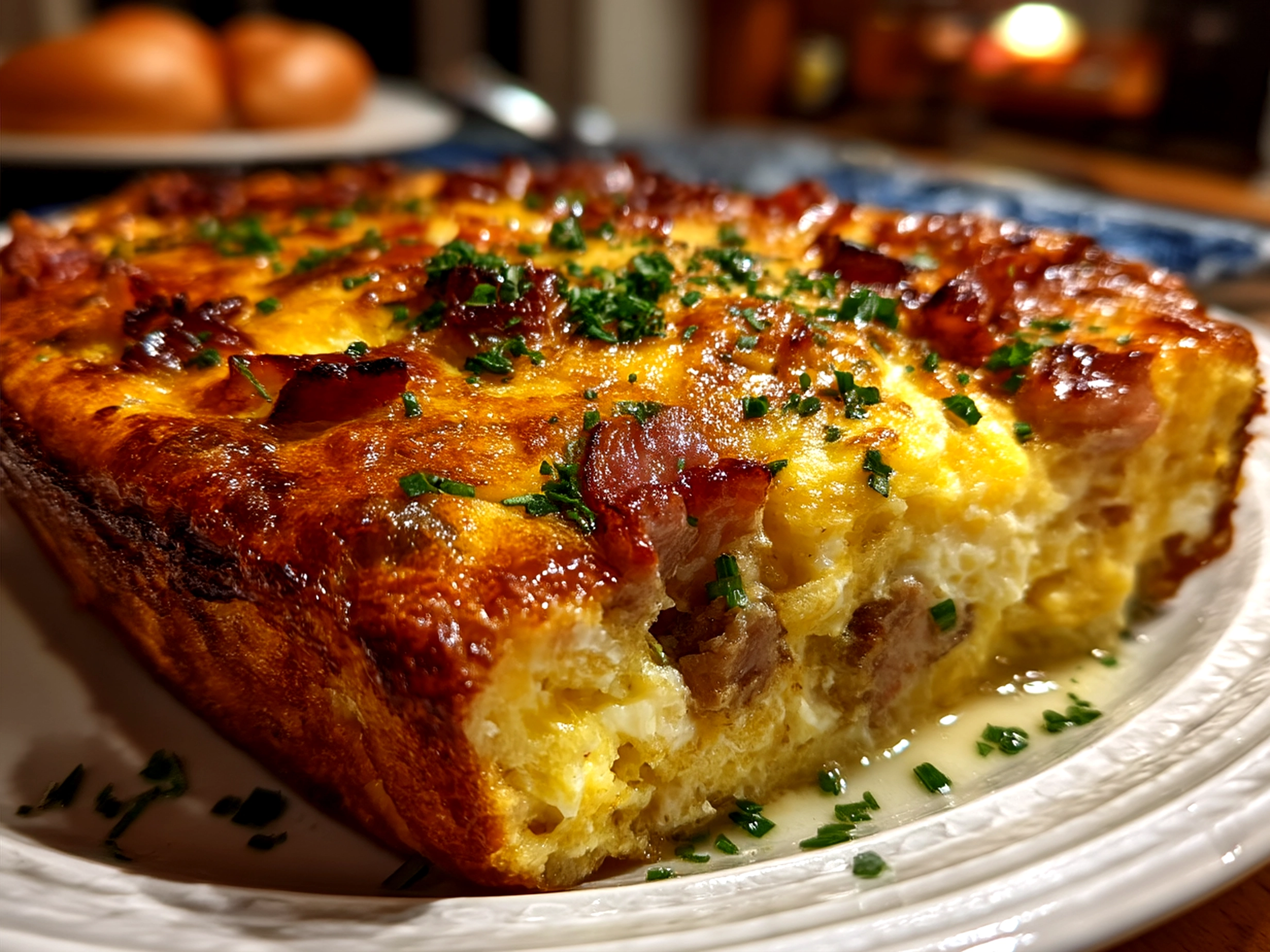 A baked Amish Breakfast Casserole served on a plate, garnished and ready to eat.