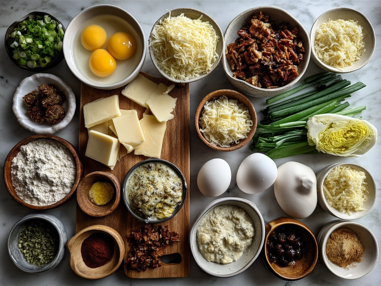Ingredients for Amish Breakfast Casserole displayed on a kitchen counter.