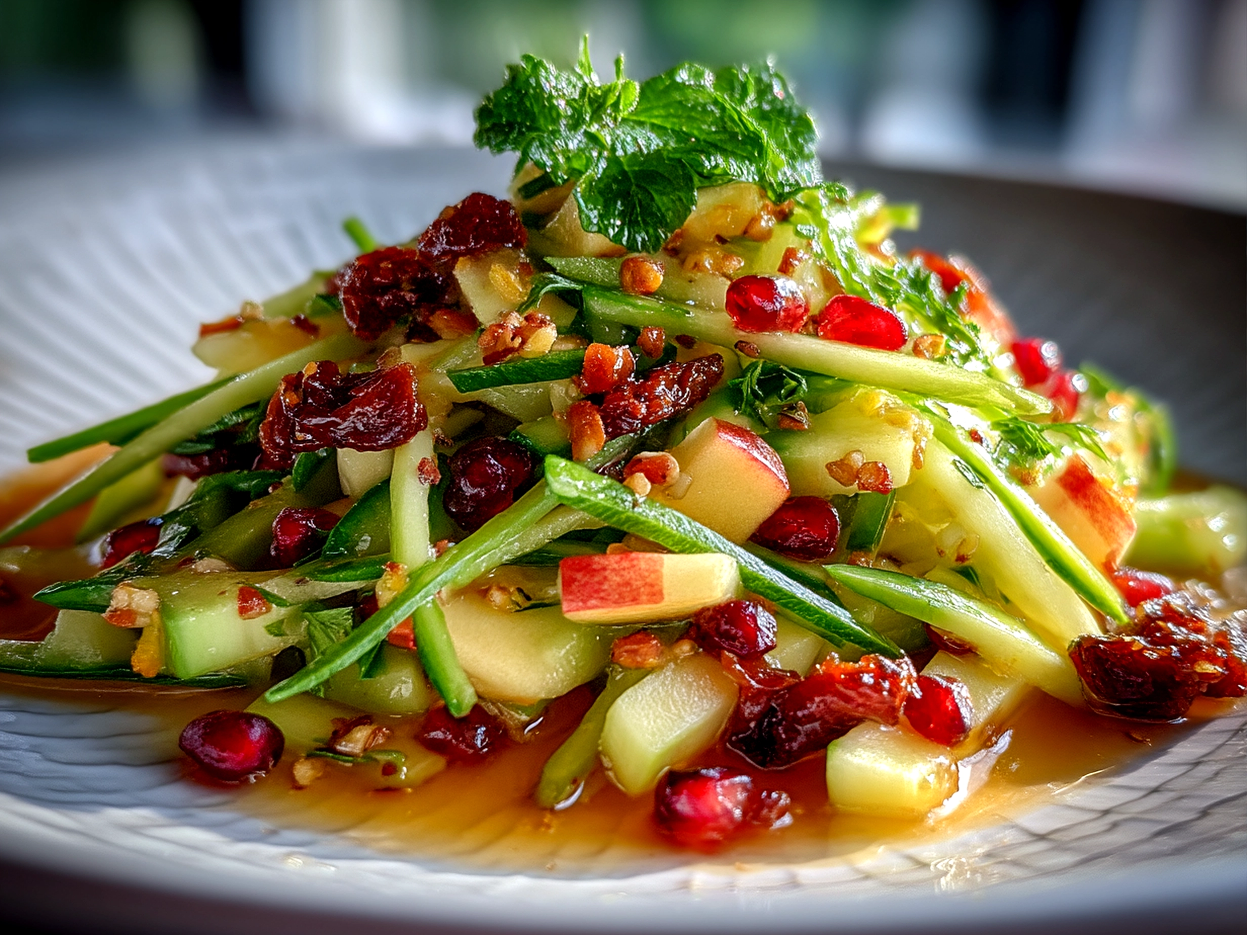 Freshly served Apple Date Celery Salad in a glass bowl ready to enjoy