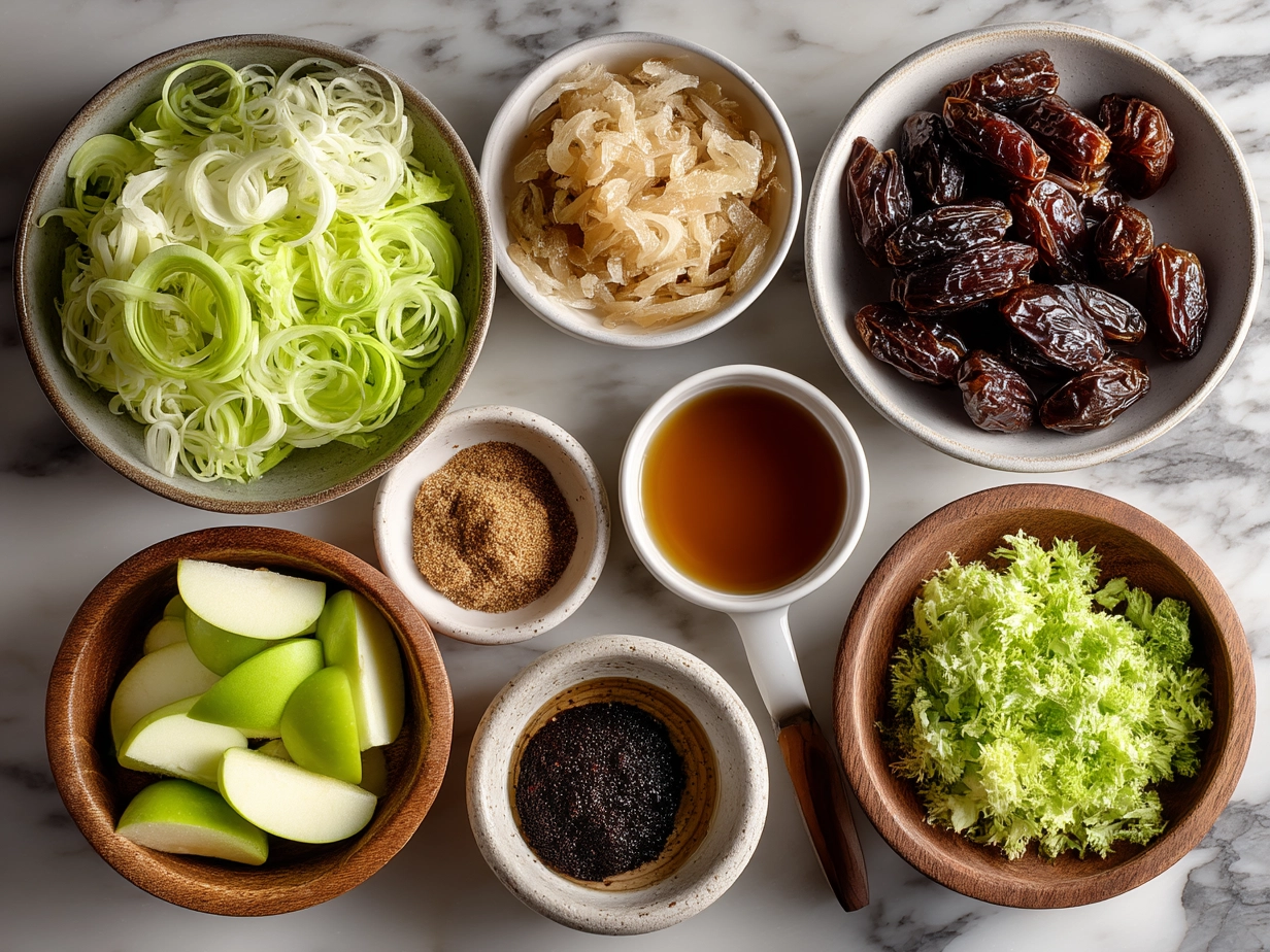 Ingredients for Apple Date Celery Salad including apples, celery, dates, walnuts, lemon juice, Greek yogurt, and honey