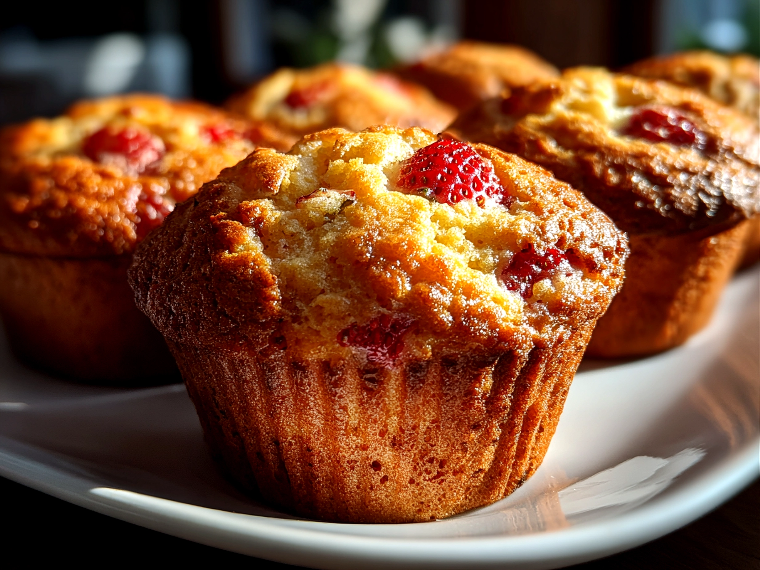 Beautiful freshly baked strawberry muffins close-up