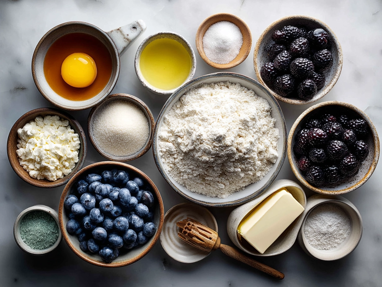 Ingredients for Blueberry Lemon Muffins displayed on a table