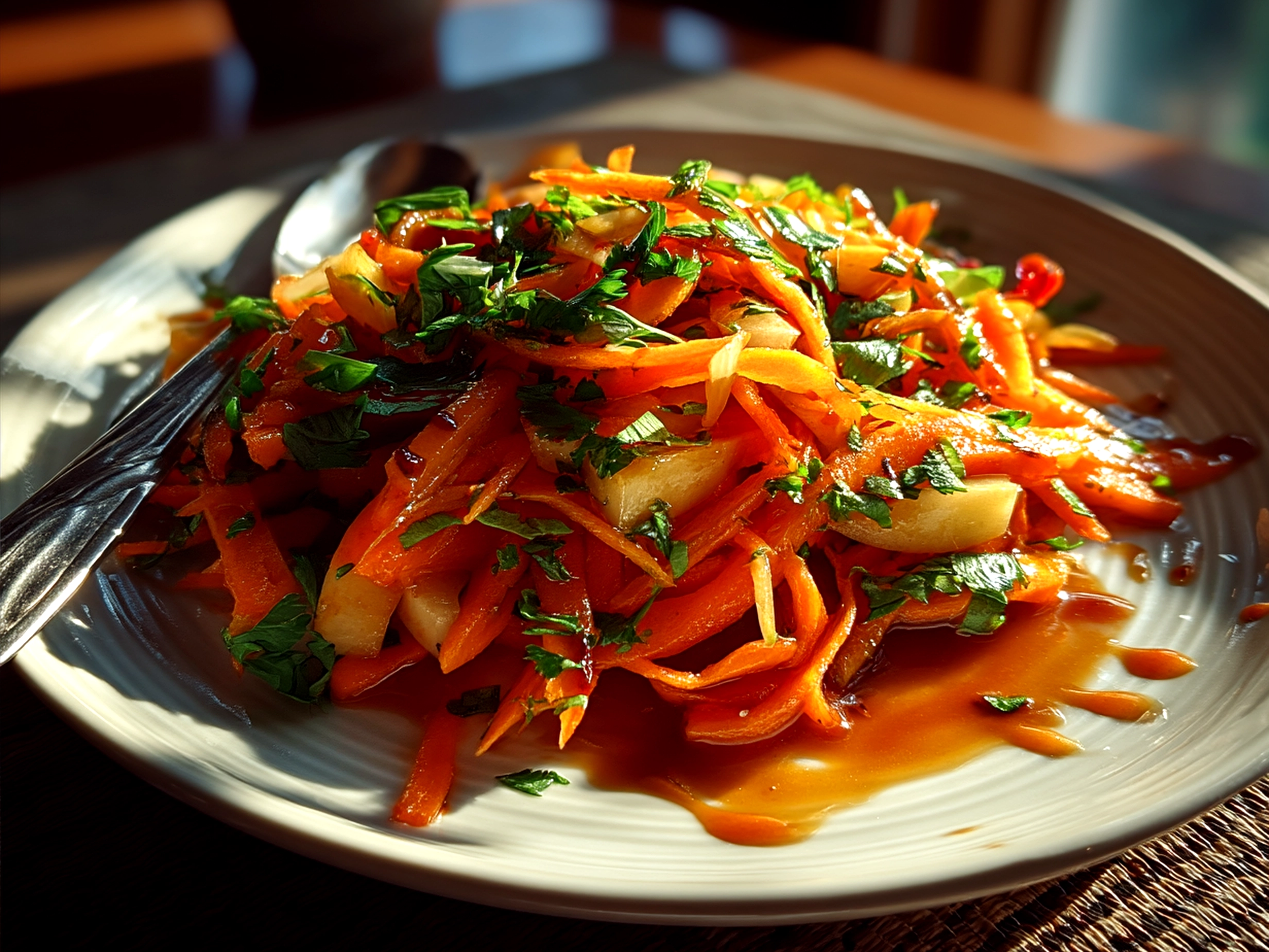Serving bowl of fresh carrot apple salad garnished with parsley and nuts