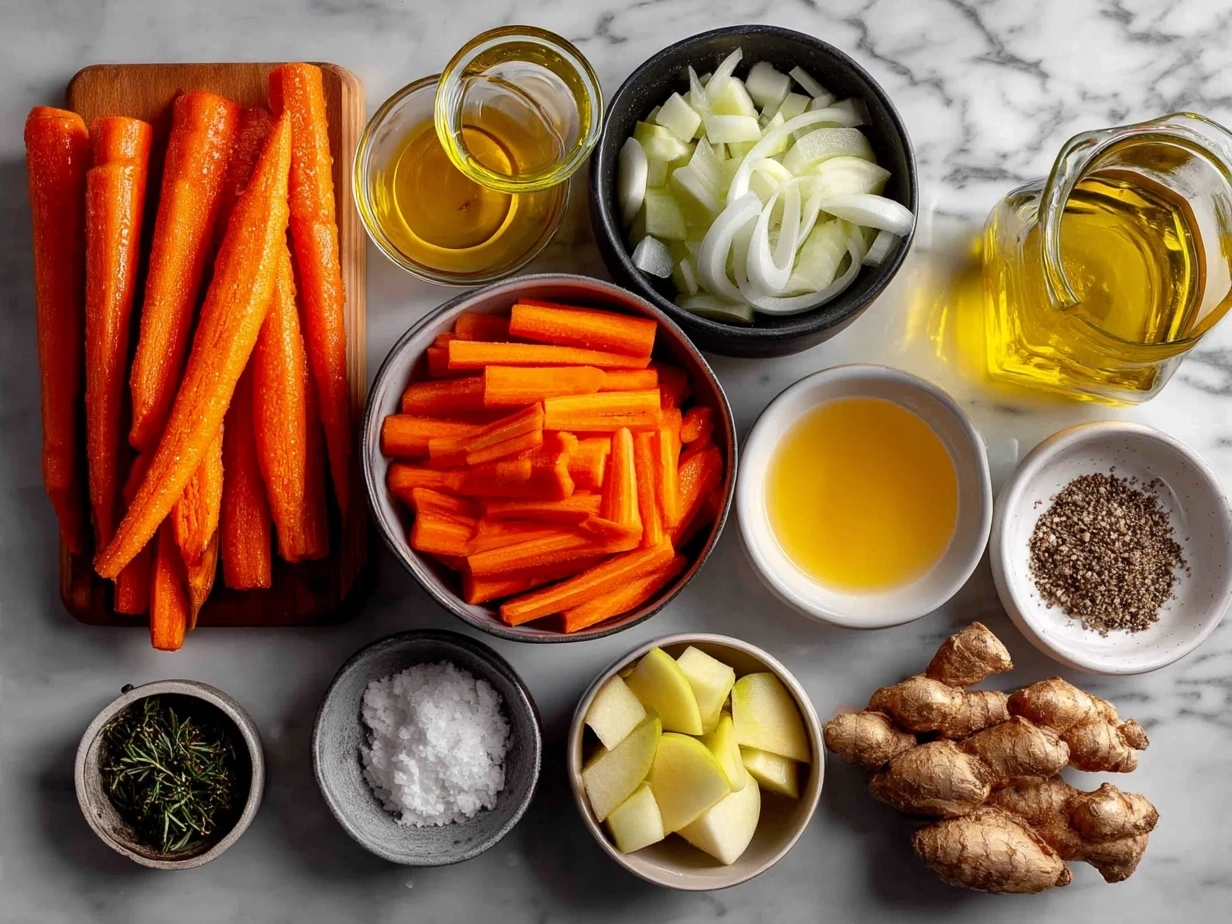 Ingredients for carrot apple salad including carrots, apples, walnuts, lemon, and dressing