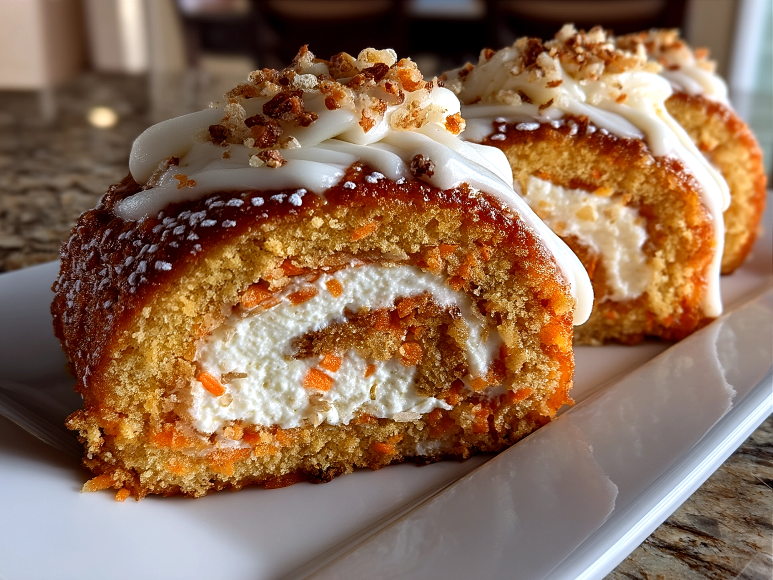Sliced Carrot Cake Roll served with cream cheese frosting, garnished on a plate