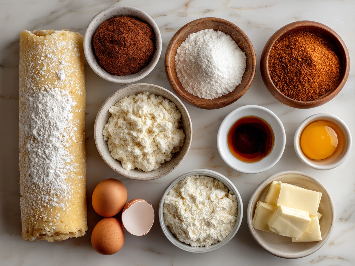 Ingredients laid out for Carrot Cake Roll including eggs, flour, spices, carrots, and cream cheese frosting components