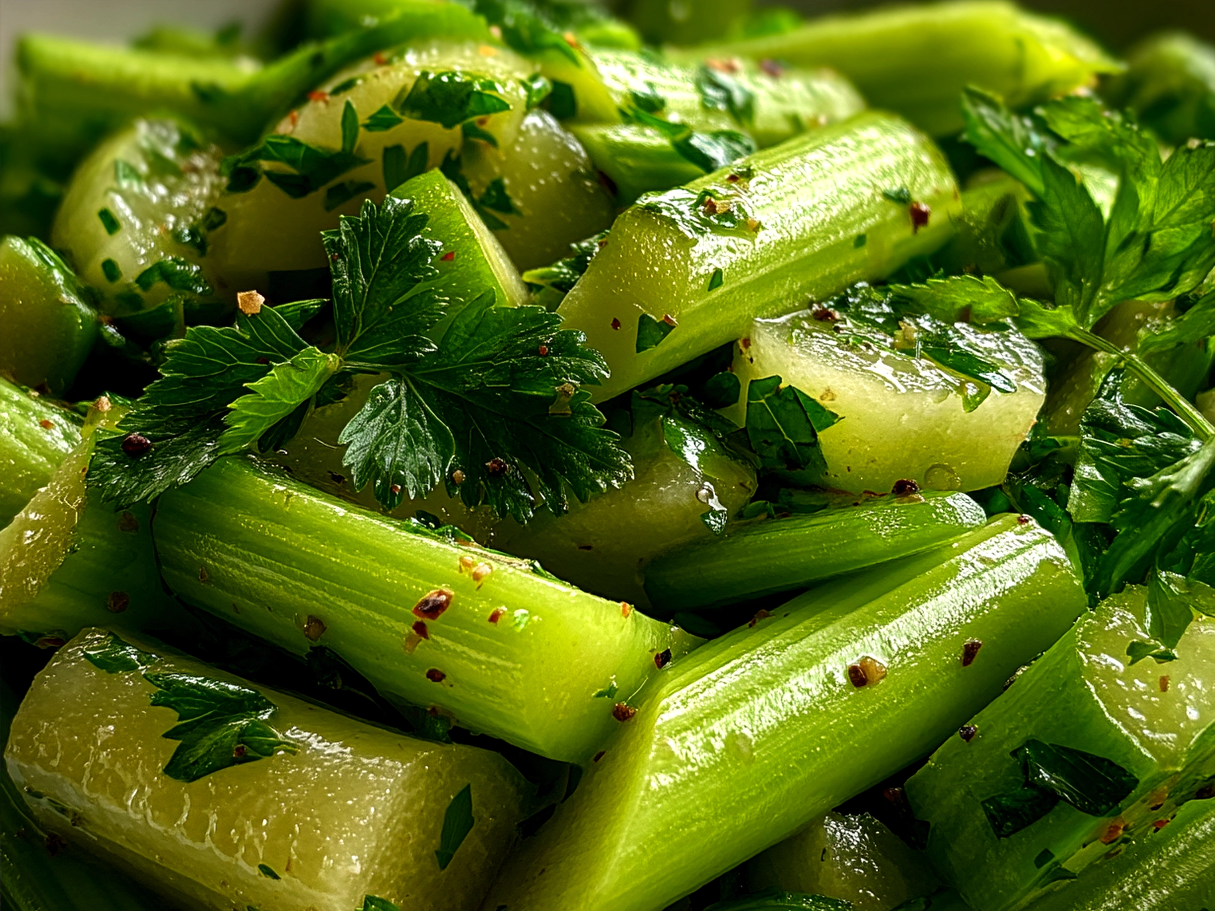 Freshly made celery salad served in a clear glass bowl