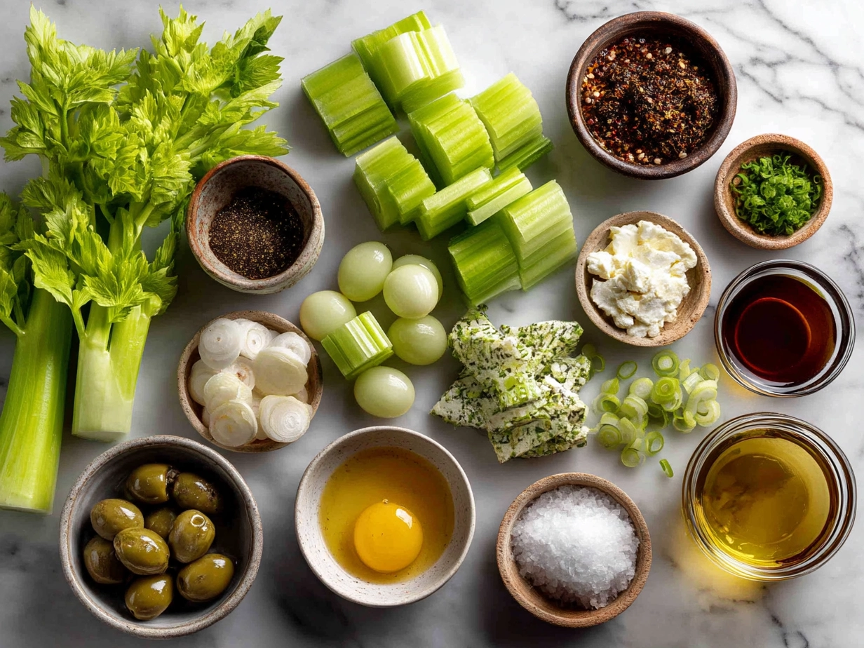 Fresh ingredients for celery salad including celery stalks, nuts, apples, and yogurt