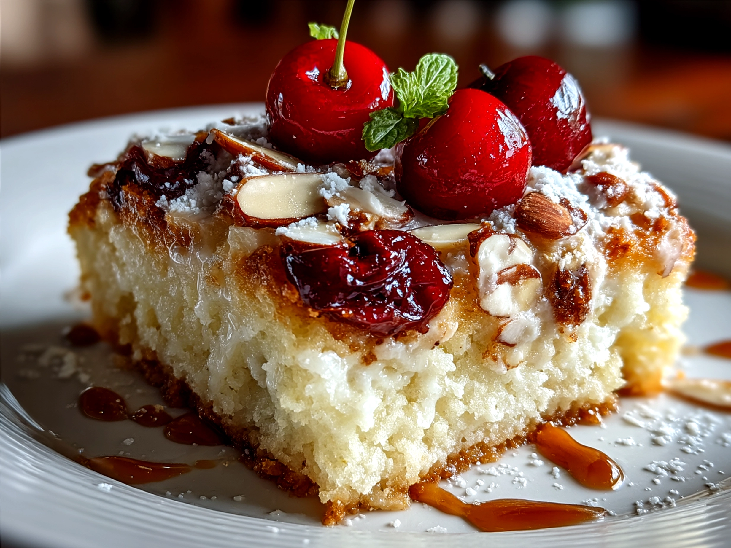 Finished cherry almond poke cake on a plate garnished and ready to serve