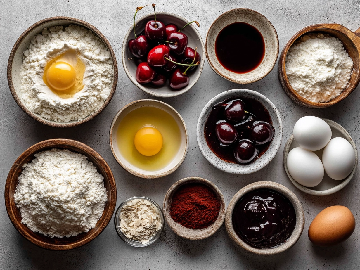 Ingredients for cherry almond poke cake laid out including white cake mix, cherry pie filling, cream cheese, whipping cream, sugar, and butter