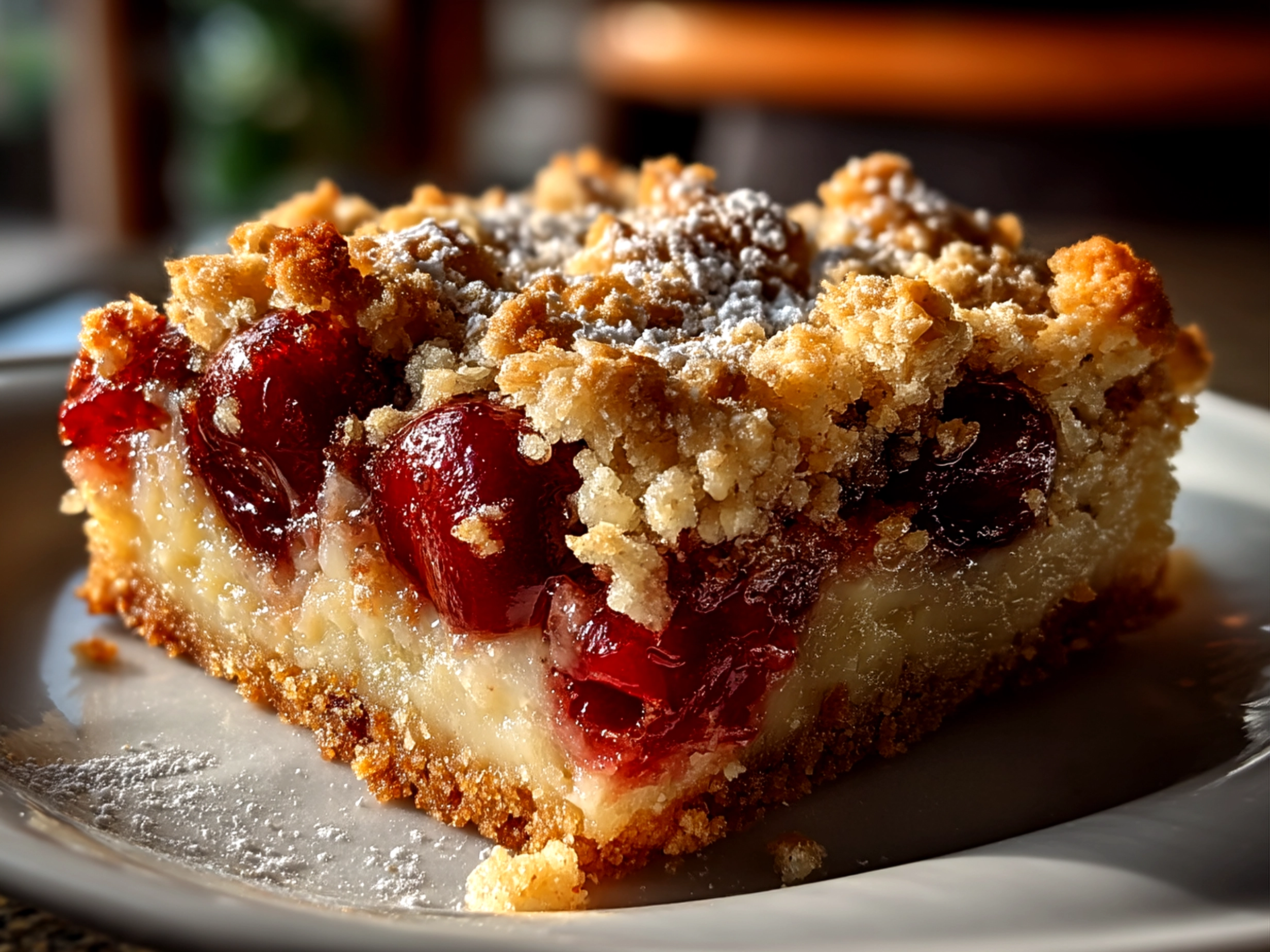 Finished Cherry Crumble Bars served on a white plate with a scoop of vanilla ice cream