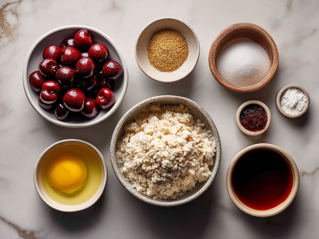 Ingredients for Cherry Crumble Bars laid out on a kitchen table