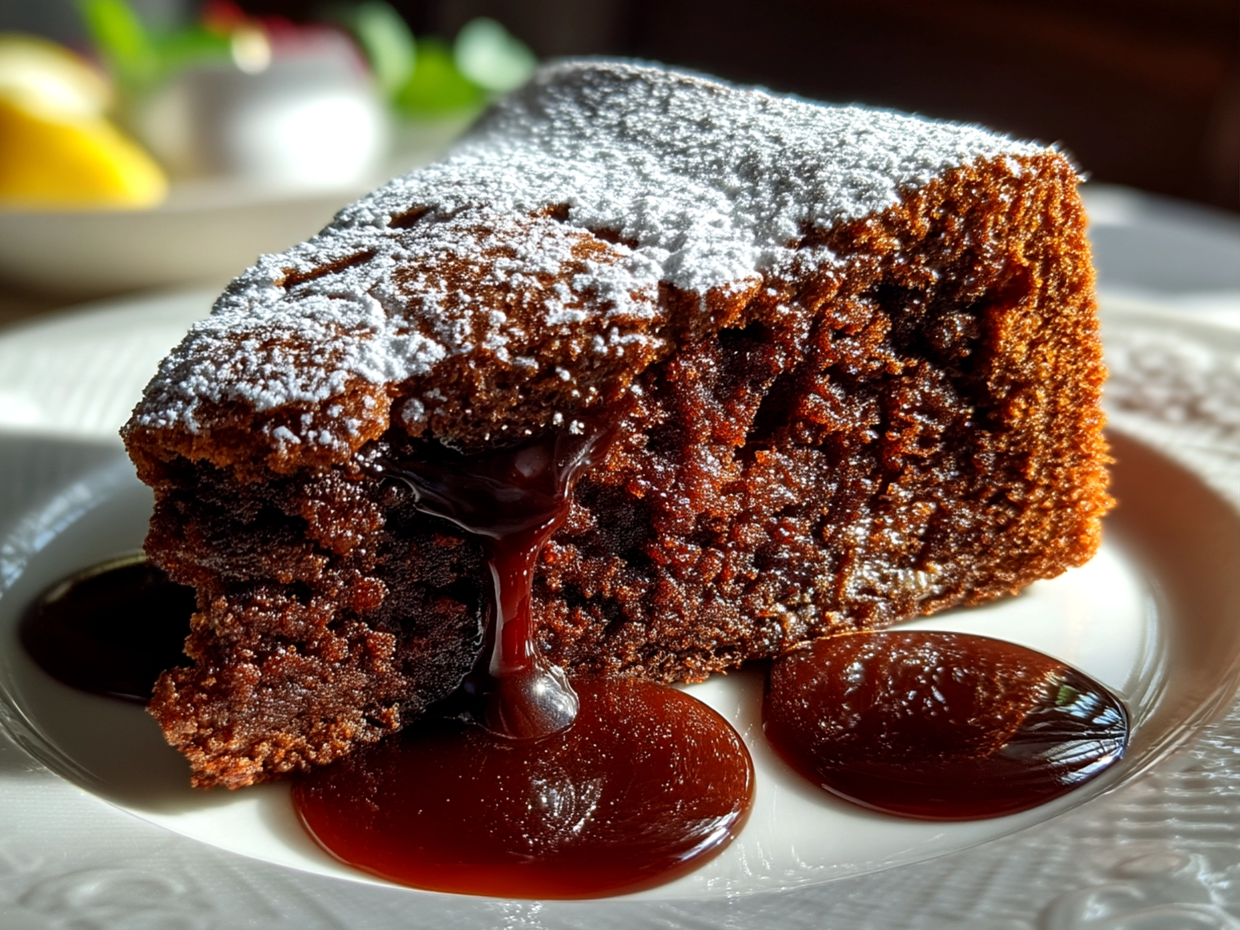 Slices of Chocolate Easter Cake served with fresh berries and whipped cream on a white plate