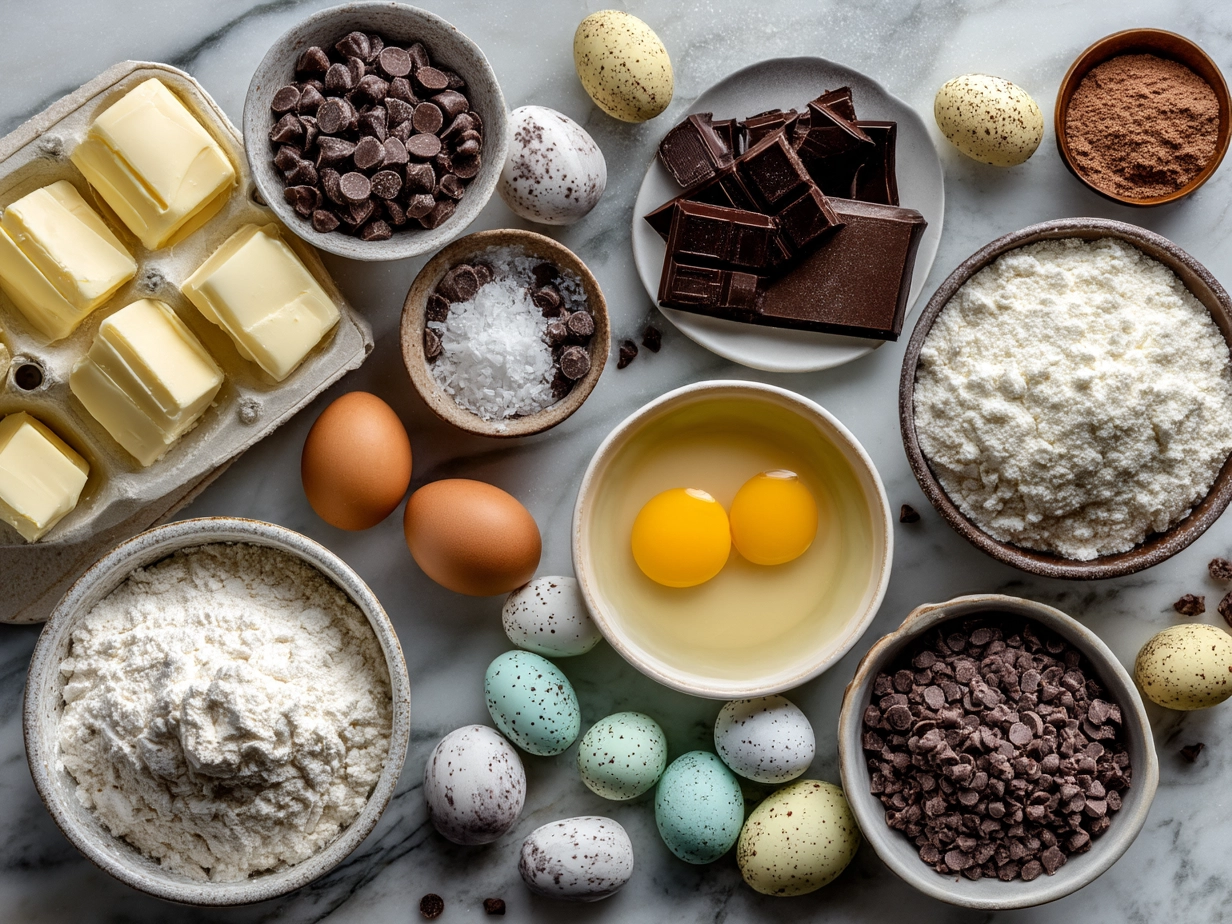 Ingredients for Chocolate Easter Cake laid out on a table including flour, sugar, cocoa powder, eggs, and milk