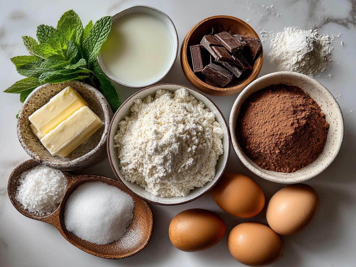 Ingredients for Chocolate Mint Pisces Cake laid out on a kitchen counter
