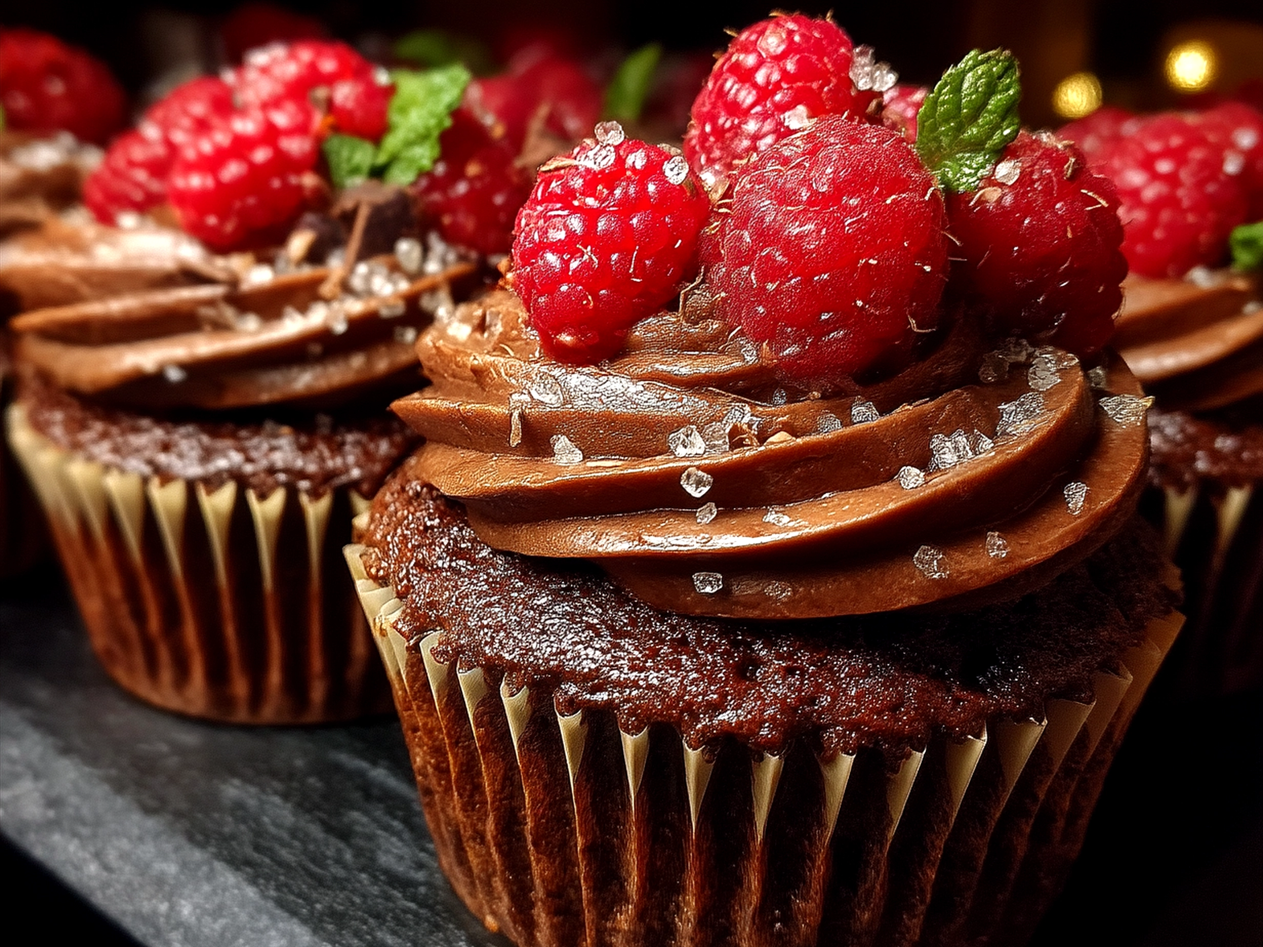 Freshly baked Chocolate Raspberry Cupcakes ready to serve with raspberry chocolate frosting