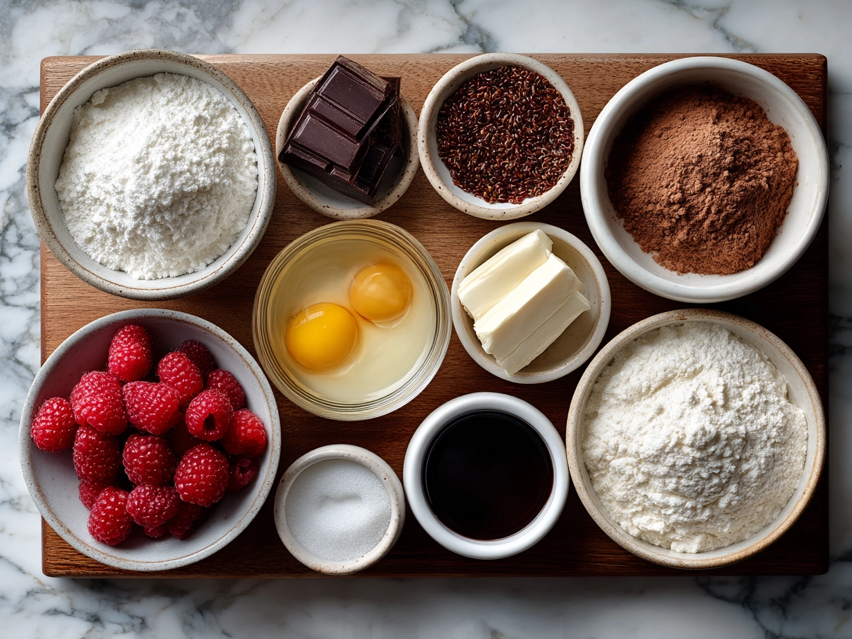 Ingredients for Chocolate Raspberry Cupcakes including flour, cocoa powder, sugar, and fresh raspberries