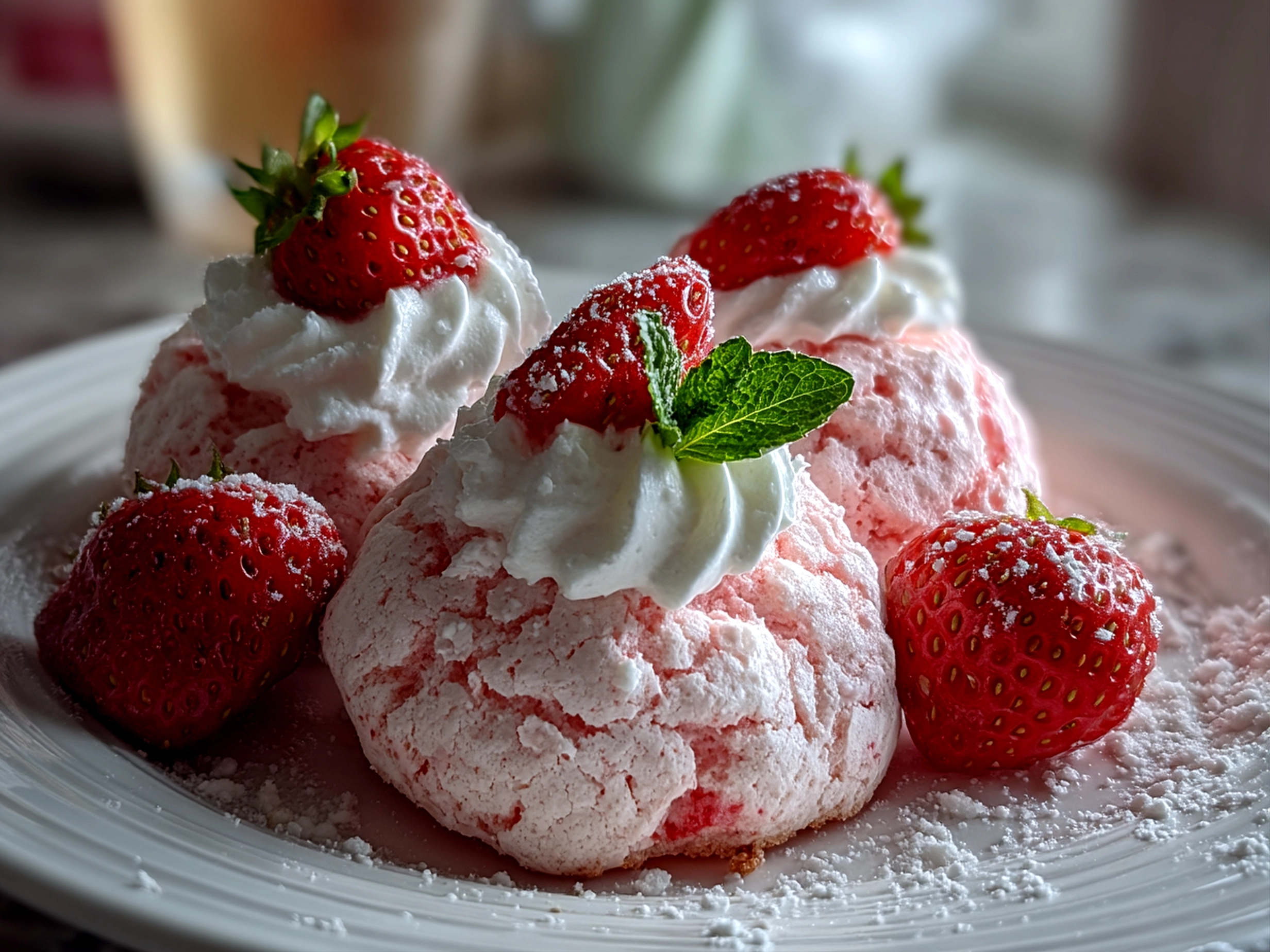 Close-up of finished strawberry cool whip cookies with fresh garnish