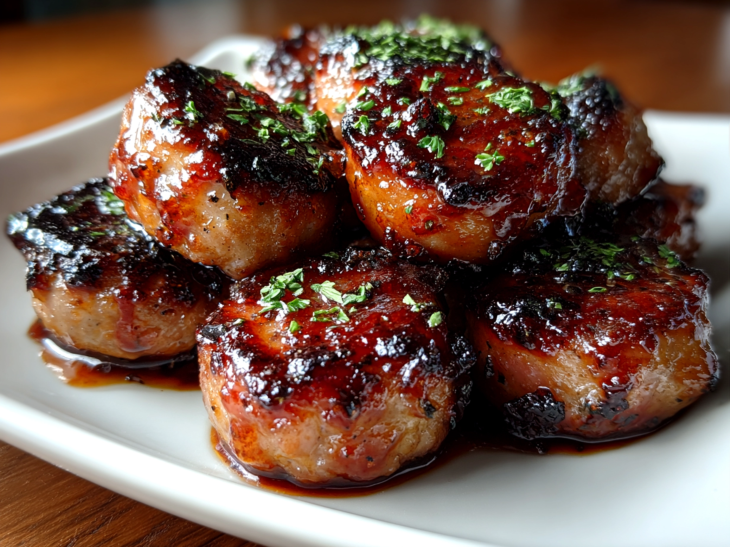 Close-up of freshly prepared BBQ sausage bites on white plate